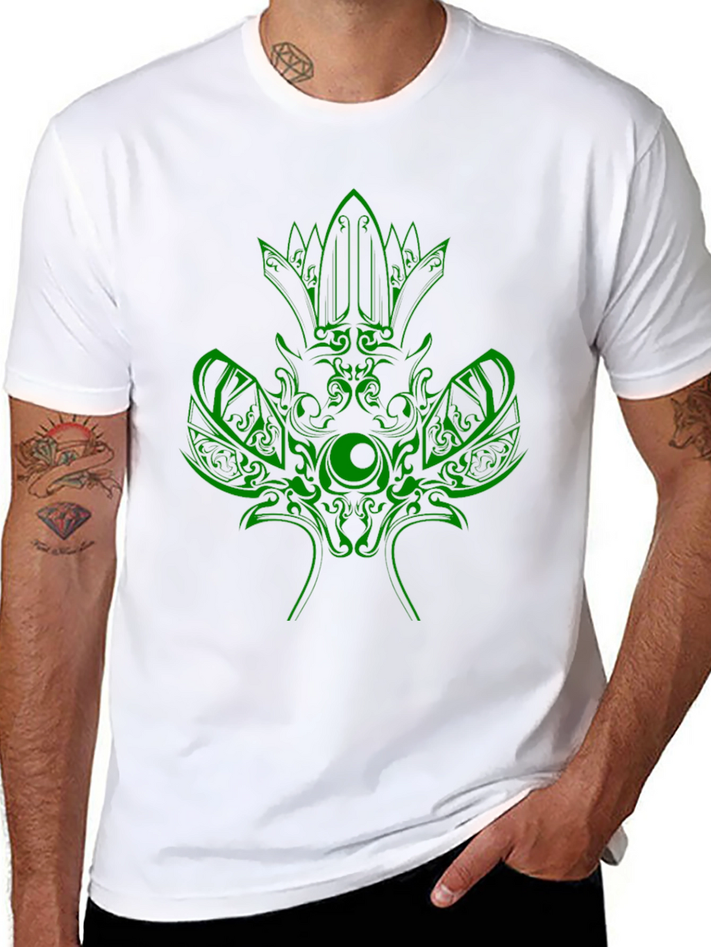 Green Tribal Design Black T-Shirt