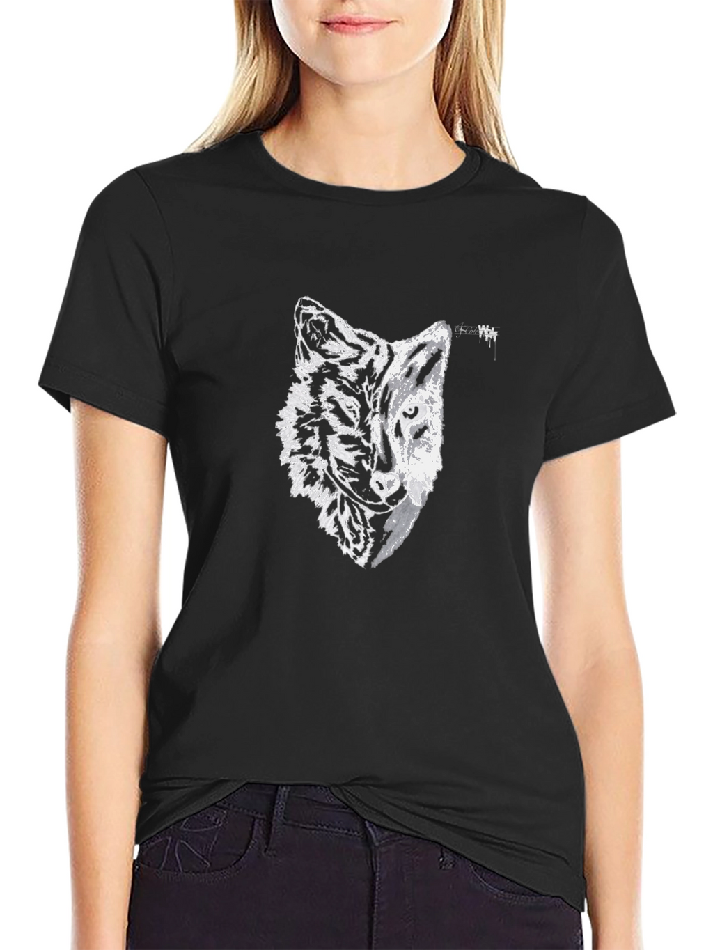 Black Tee with Half Wolf Half Tiger Graphic