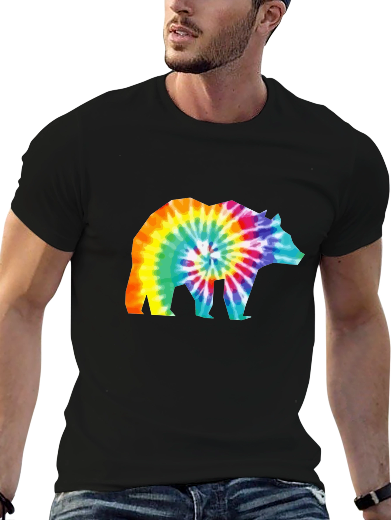 Tie-Dye Bear Graphic T-Shirt - Black Cotton Tee
