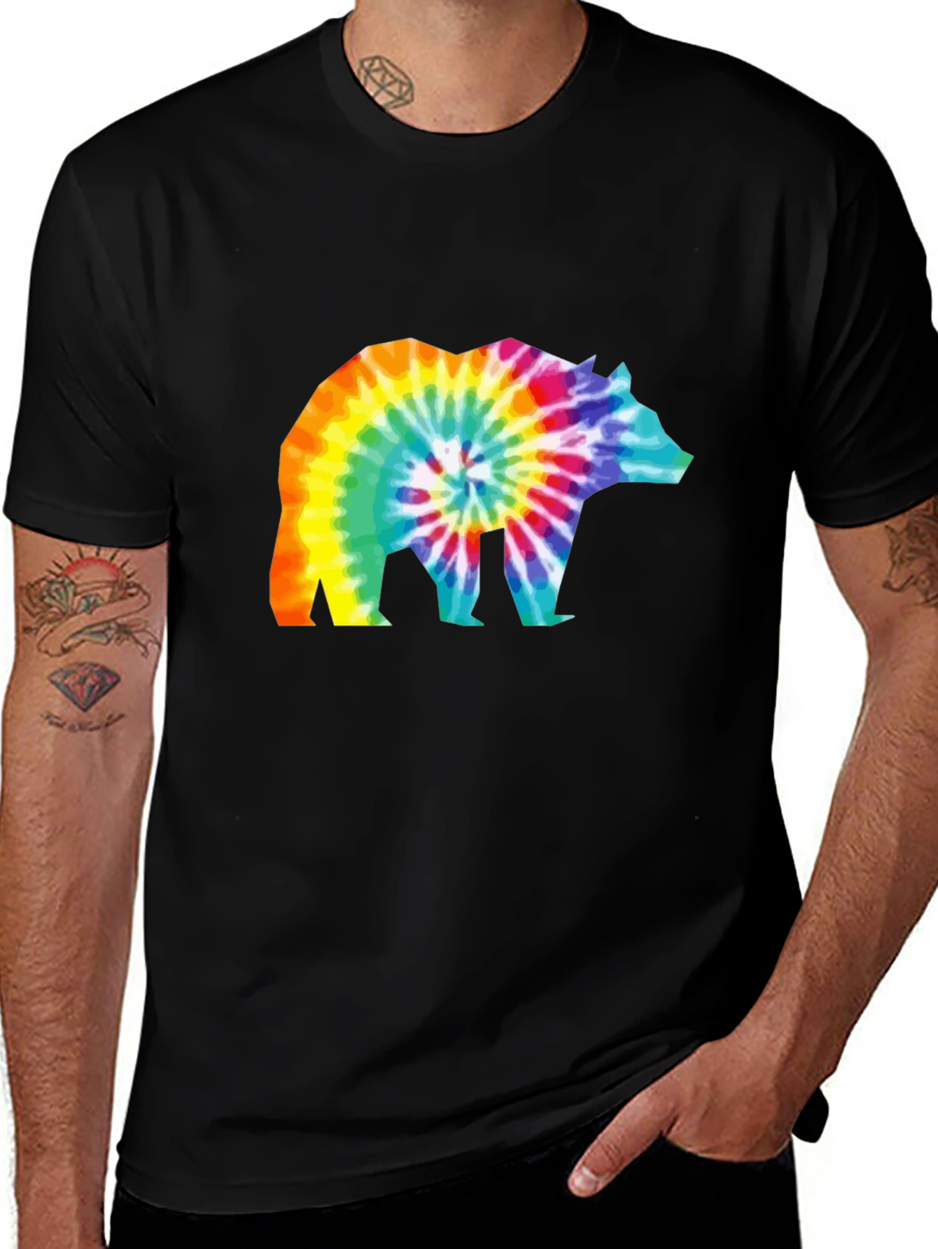 Tie-Dye Bear Graphic T-Shirt - Black Cotton Tee