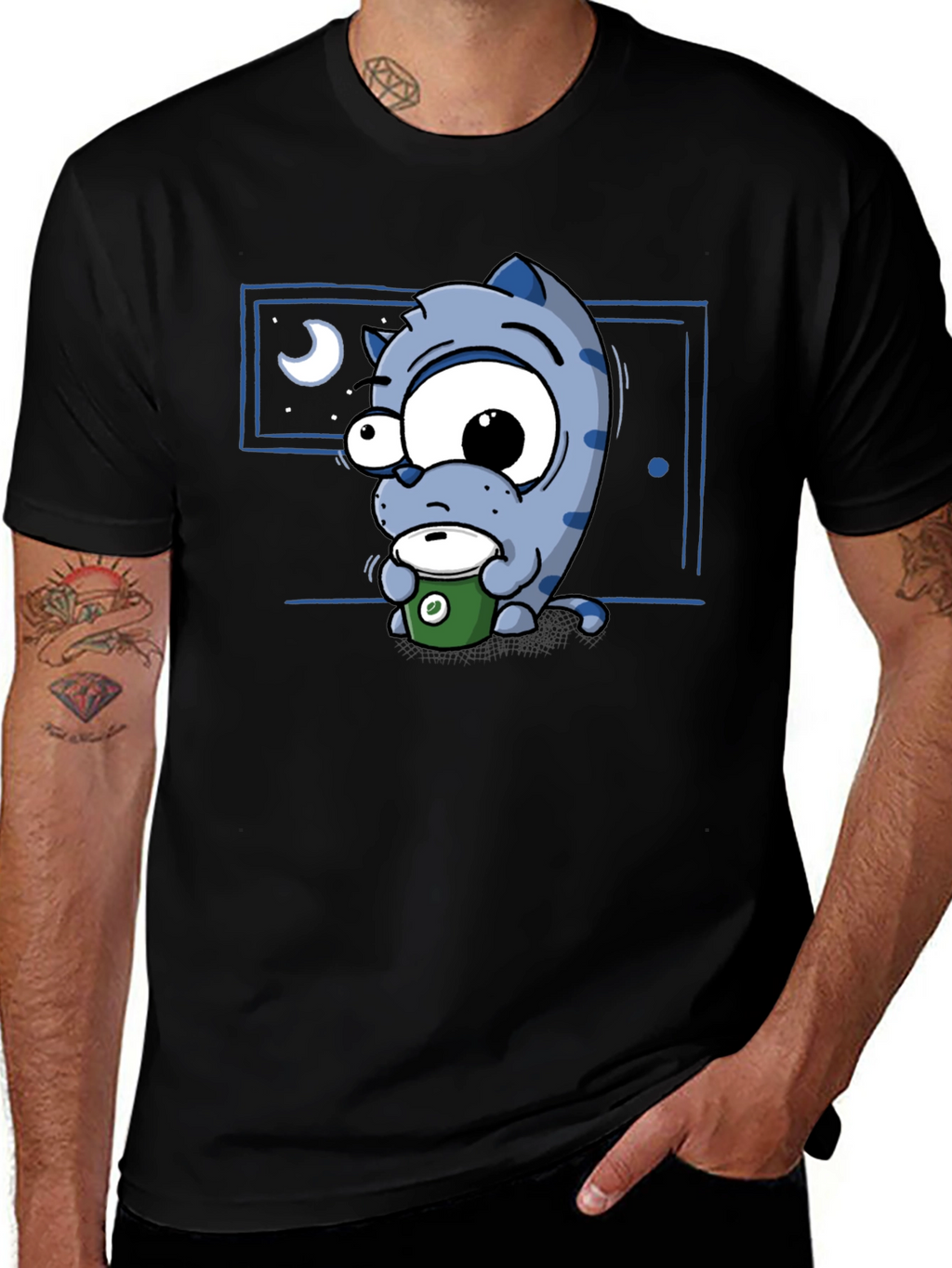 Cartoon Cat Coffee Lover T-Shirt - Black