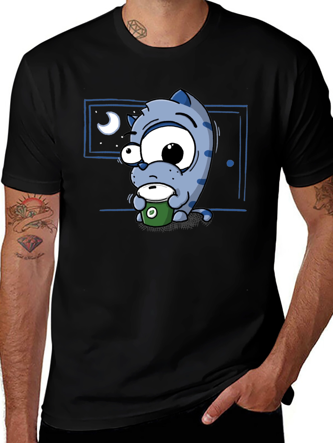 Cartoon Cat Coffee Lover T-Shirt - Black