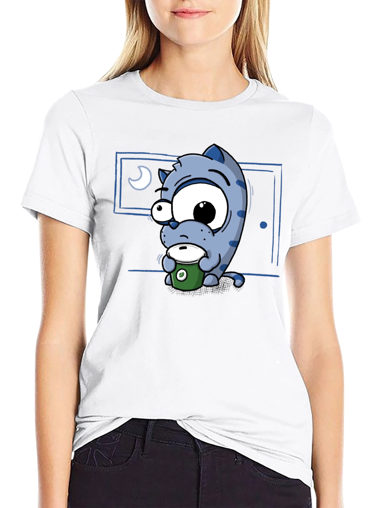 Cartoon Cat Coffee Lover T-Shirt - Black