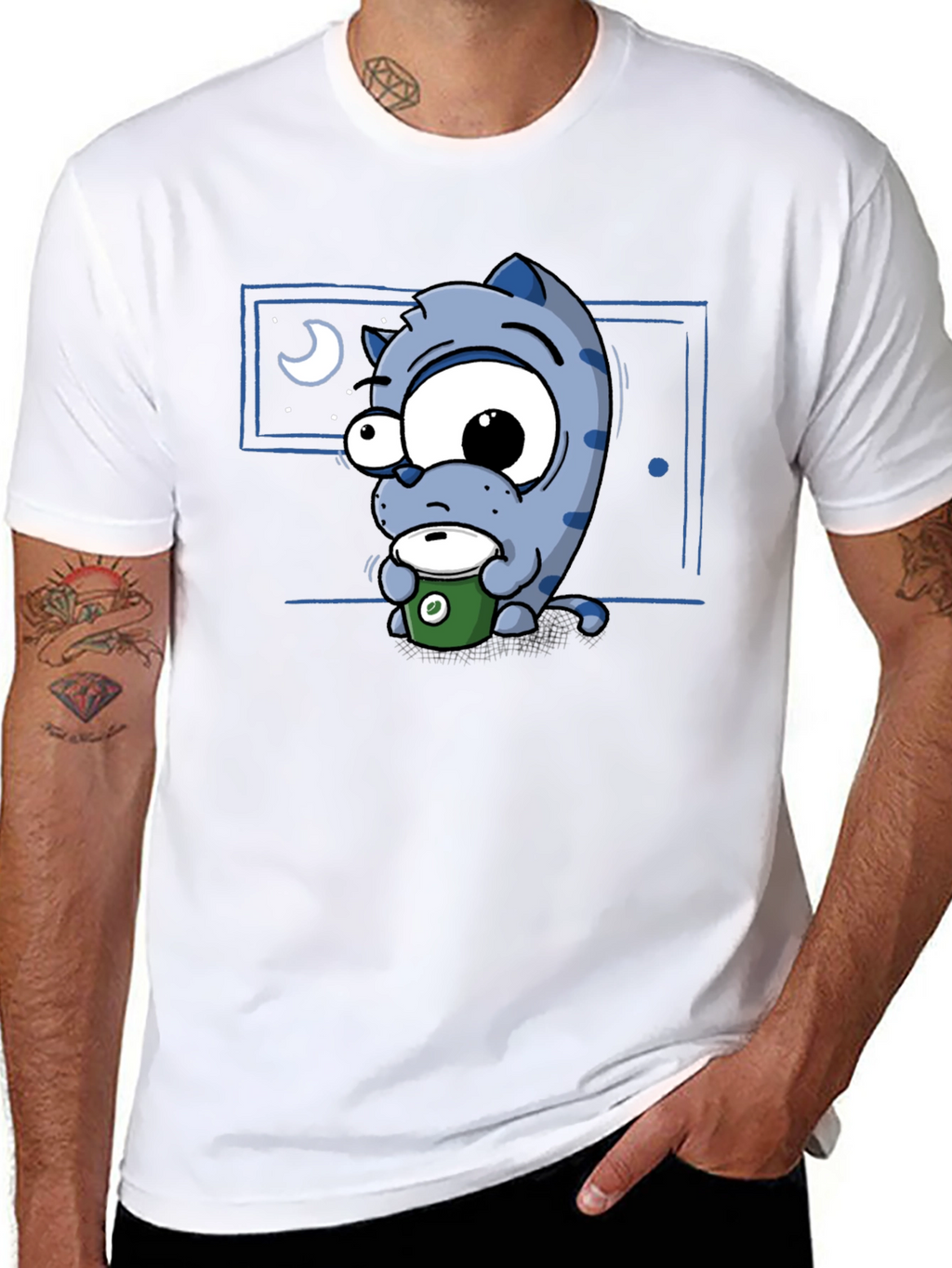 Cartoon Cat Coffee Lover T-Shirt - Black