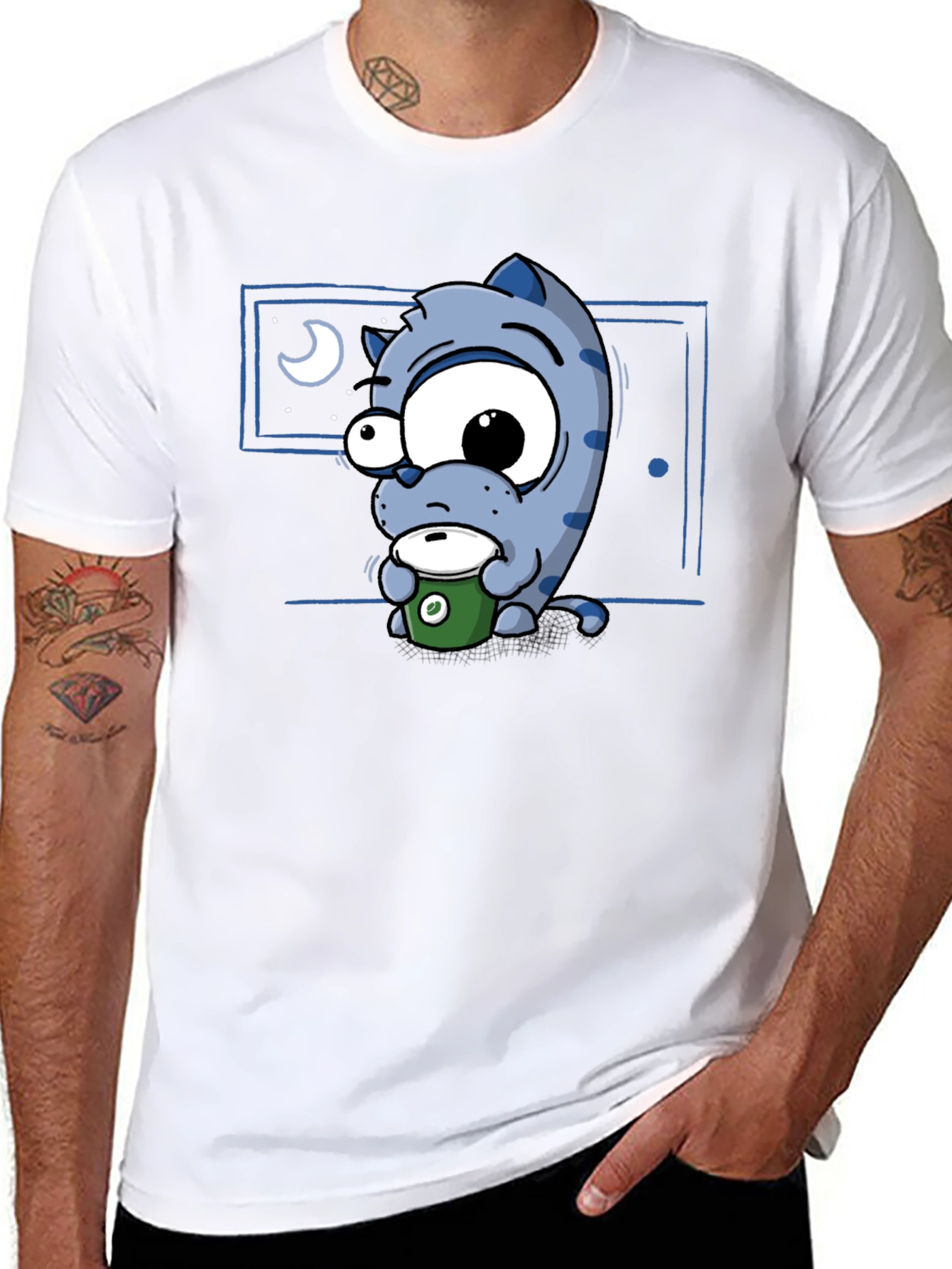 Cartoon Cat Coffee Lover T-Shirt - Black