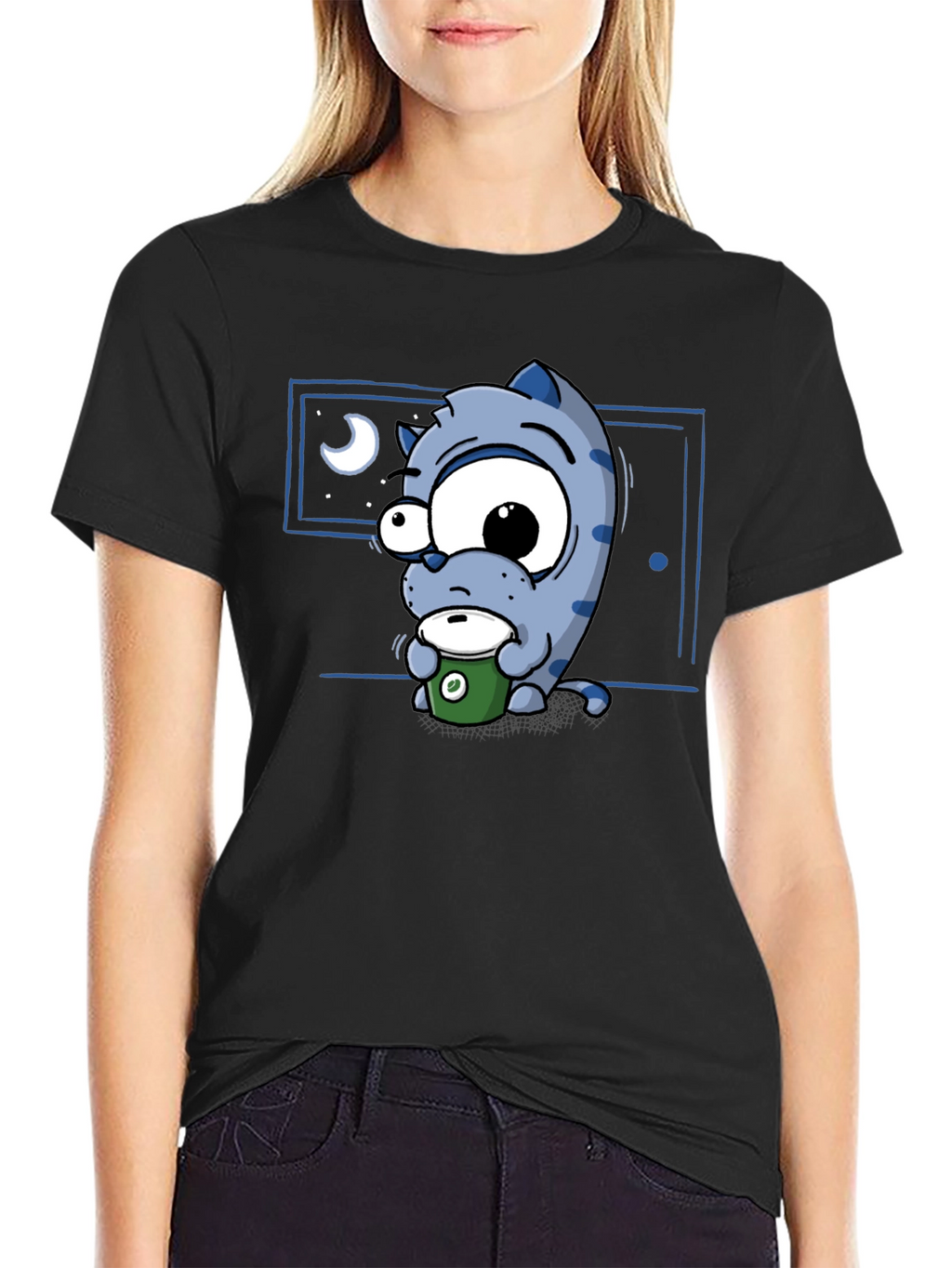 Cartoon Cat Coffee Lover T-Shirt - Black