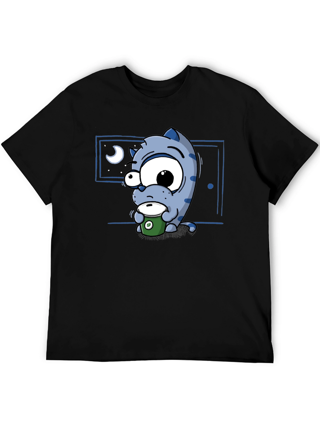 Cartoon Cat Coffee Lover T-Shirt - Black