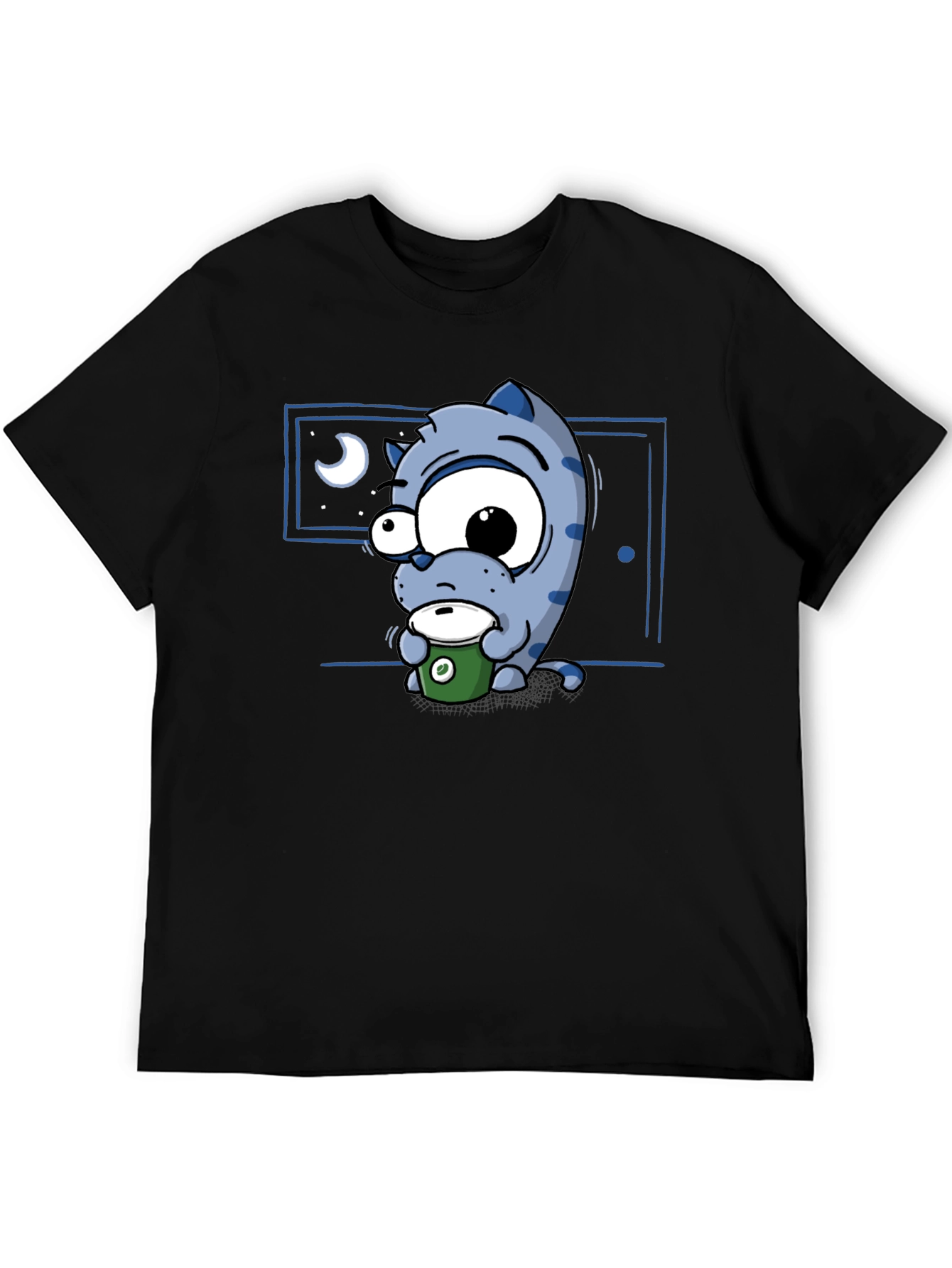 Cartoon Cat Coffee Lover T-Shirt - Black