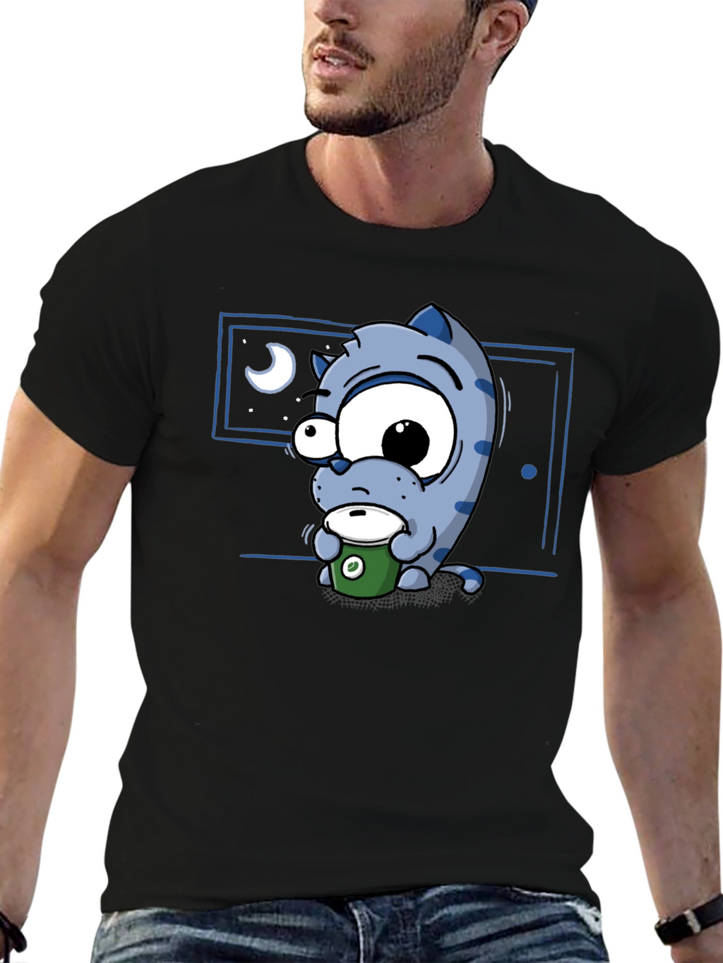 Cartoon Cat Coffee Lover T-Shirt - Black