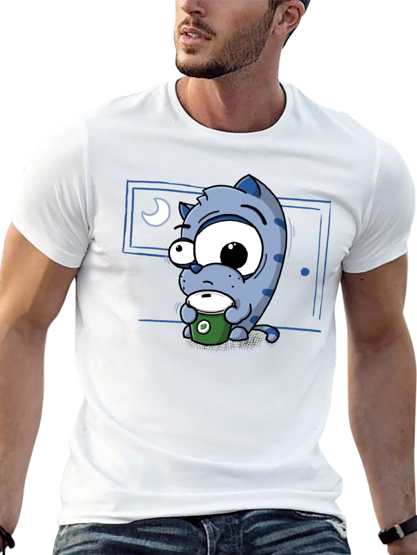 Cartoon Cat Coffee Lover T-Shirt - Black
