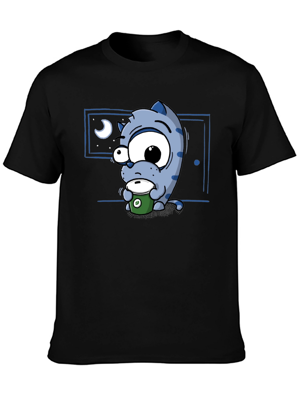 Cartoon Cat Coffee Lover T-Shirt - Black