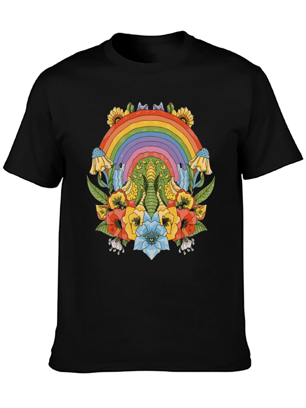 Rainbow Elephant Floral Print Black T-Shirt