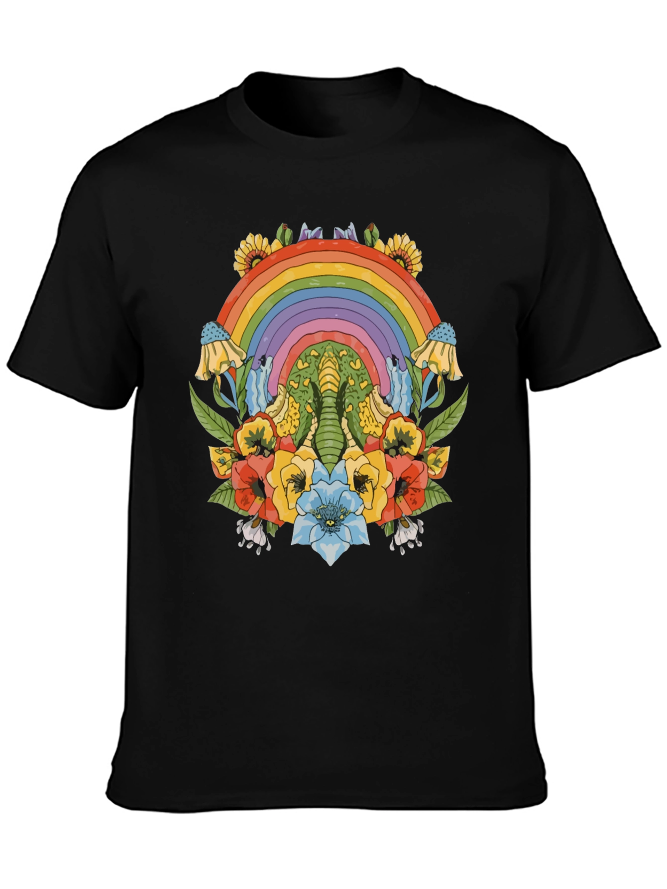 Rainbow Elephant Floral Print Black T-Shirt