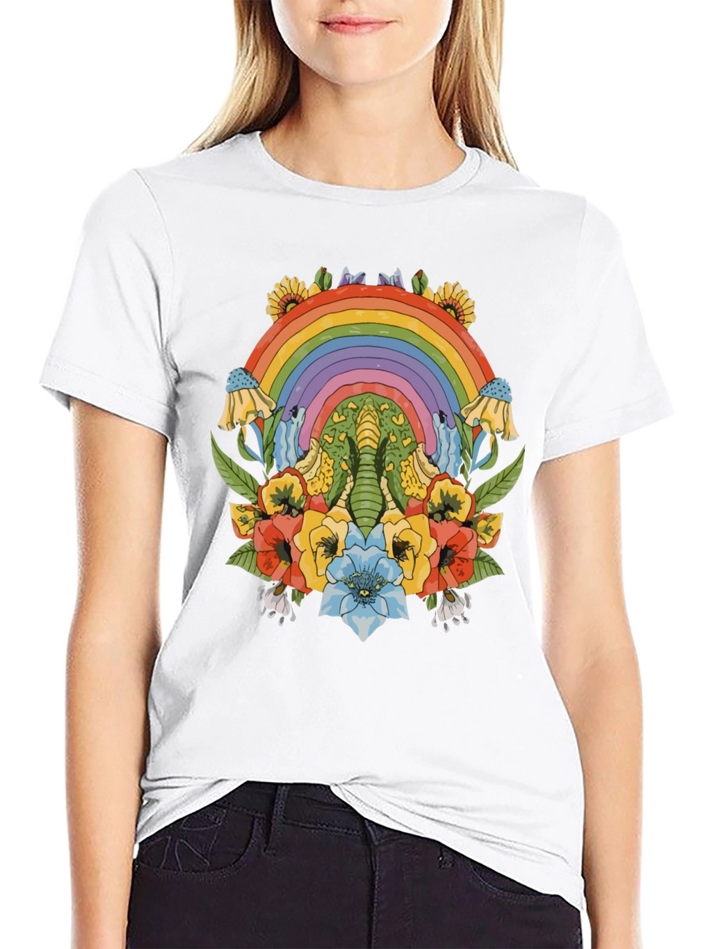 Rainbow Elephant Floral Print Black T-Shirt