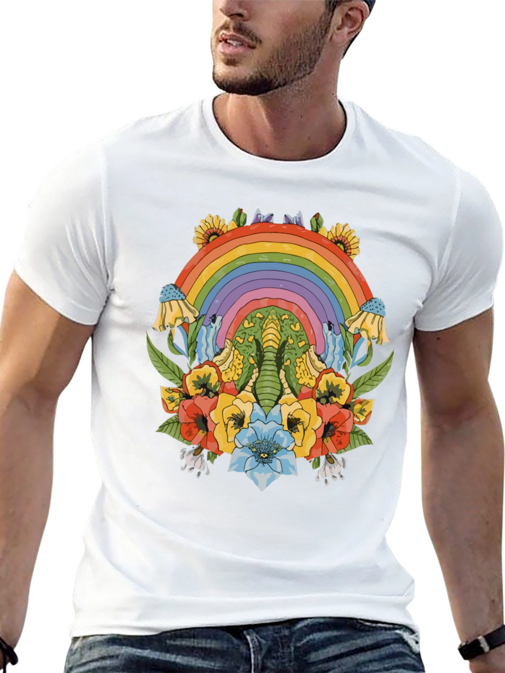 Rainbow Elephant Floral Print Black T-Shirt