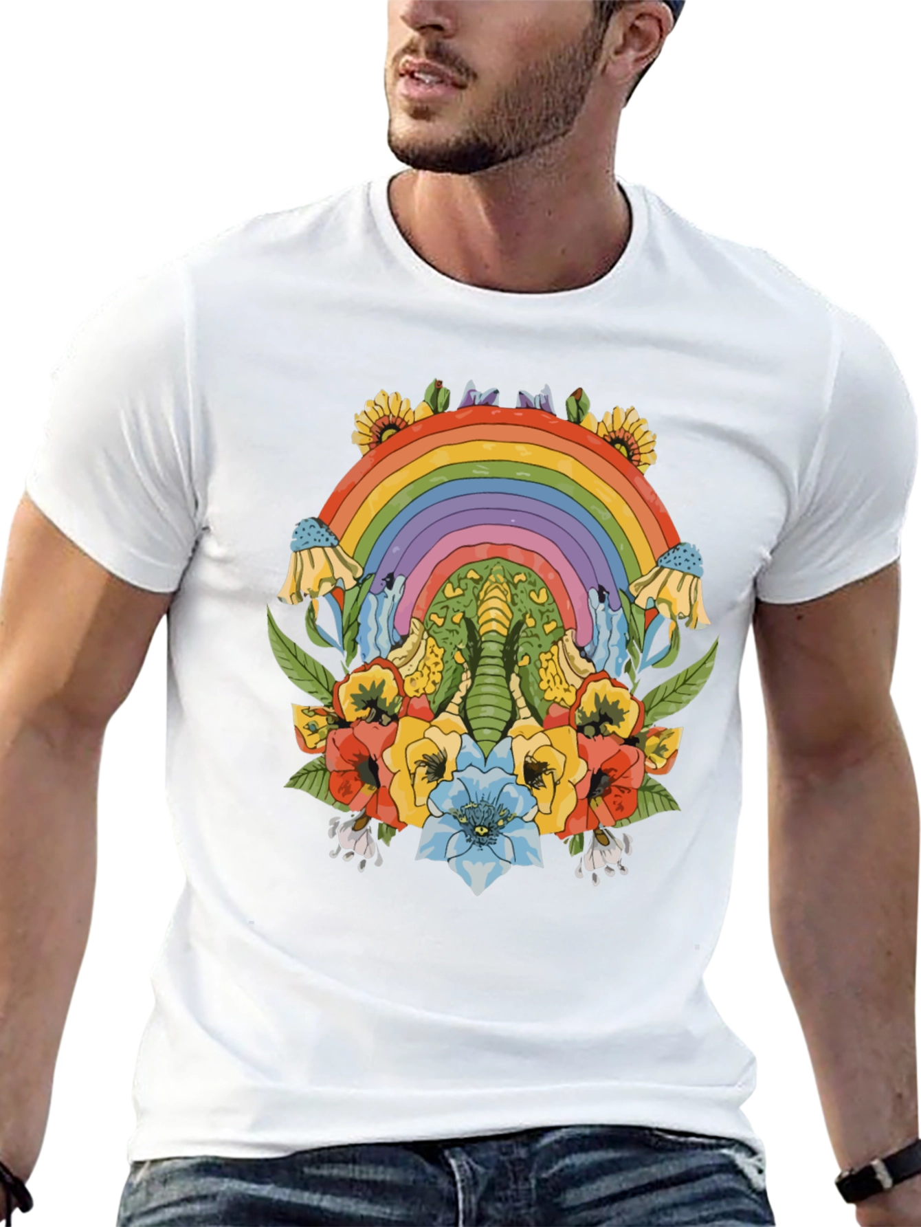 Rainbow Elephant Floral Print Black T-Shirt