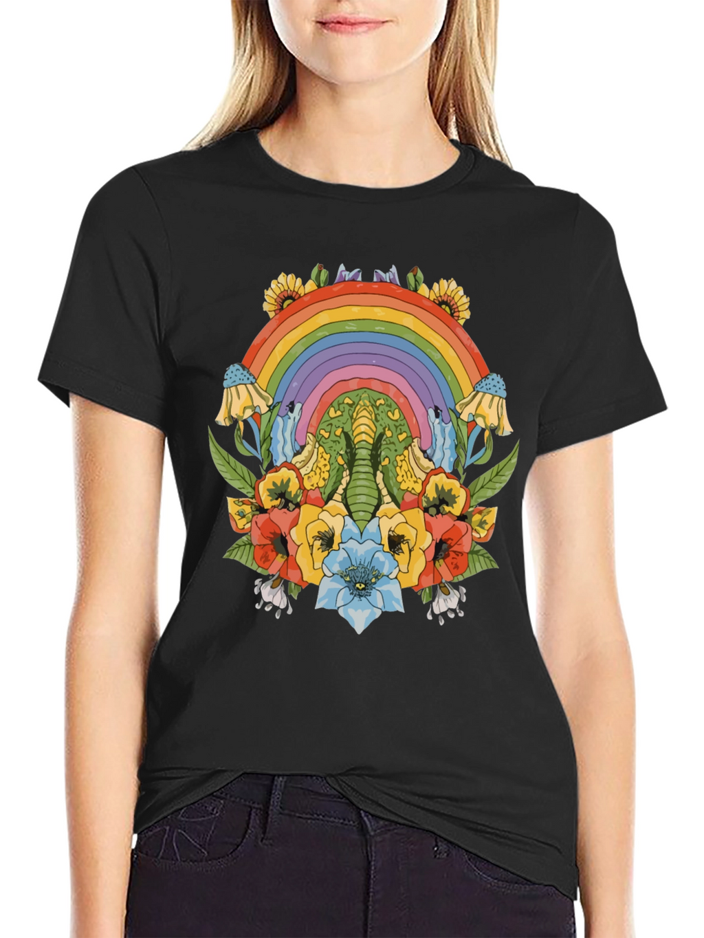 Rainbow Elephant Floral Print Black T-Shirt