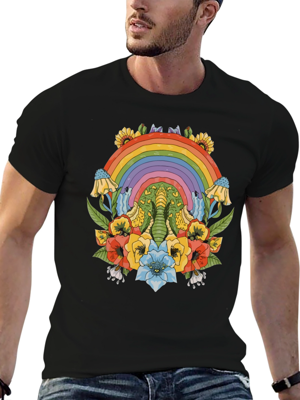 Rainbow Elephant Floral Print Black T-Shirt