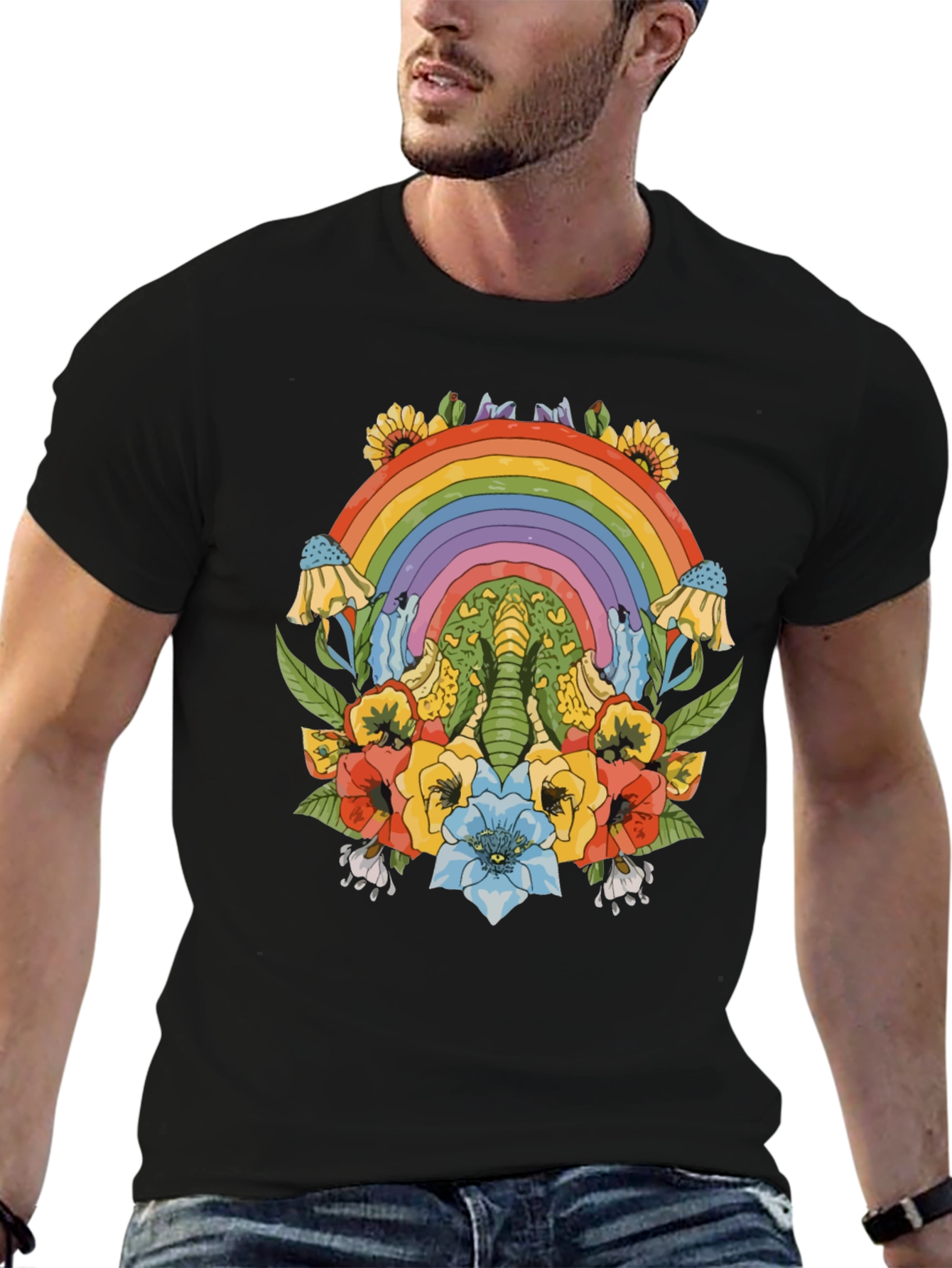 Rainbow Elephant Floral Print Black T-Shirt