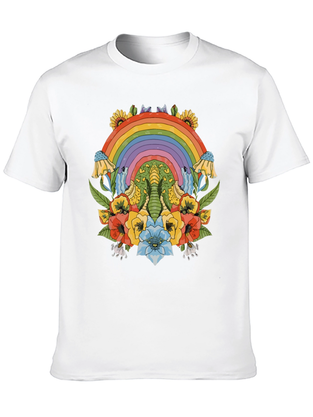 Rainbow Elephant Floral Print Black T-Shirt