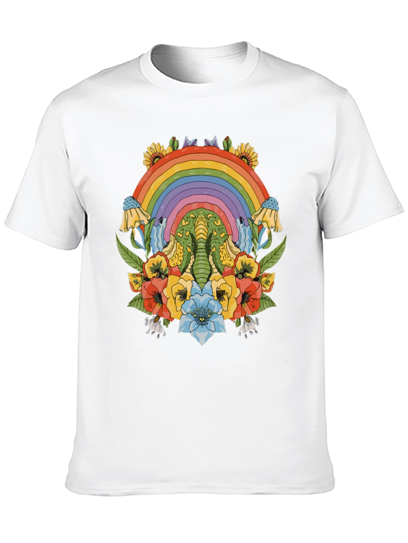 Rainbow Elephant Floral Print Black T-Shirt