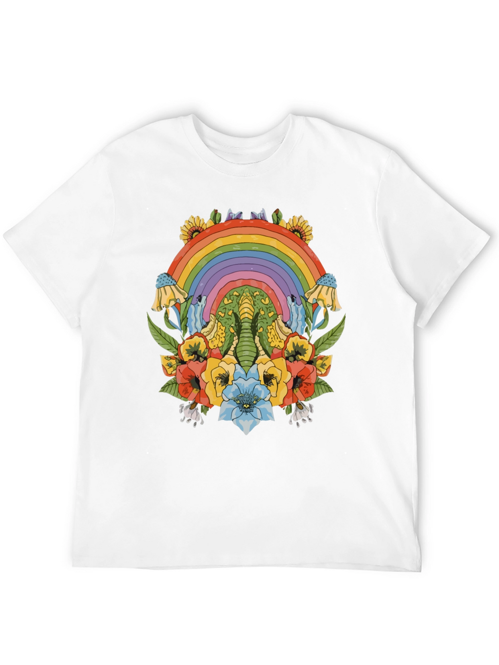 Rainbow Elephant Floral Print Black T-Shirt