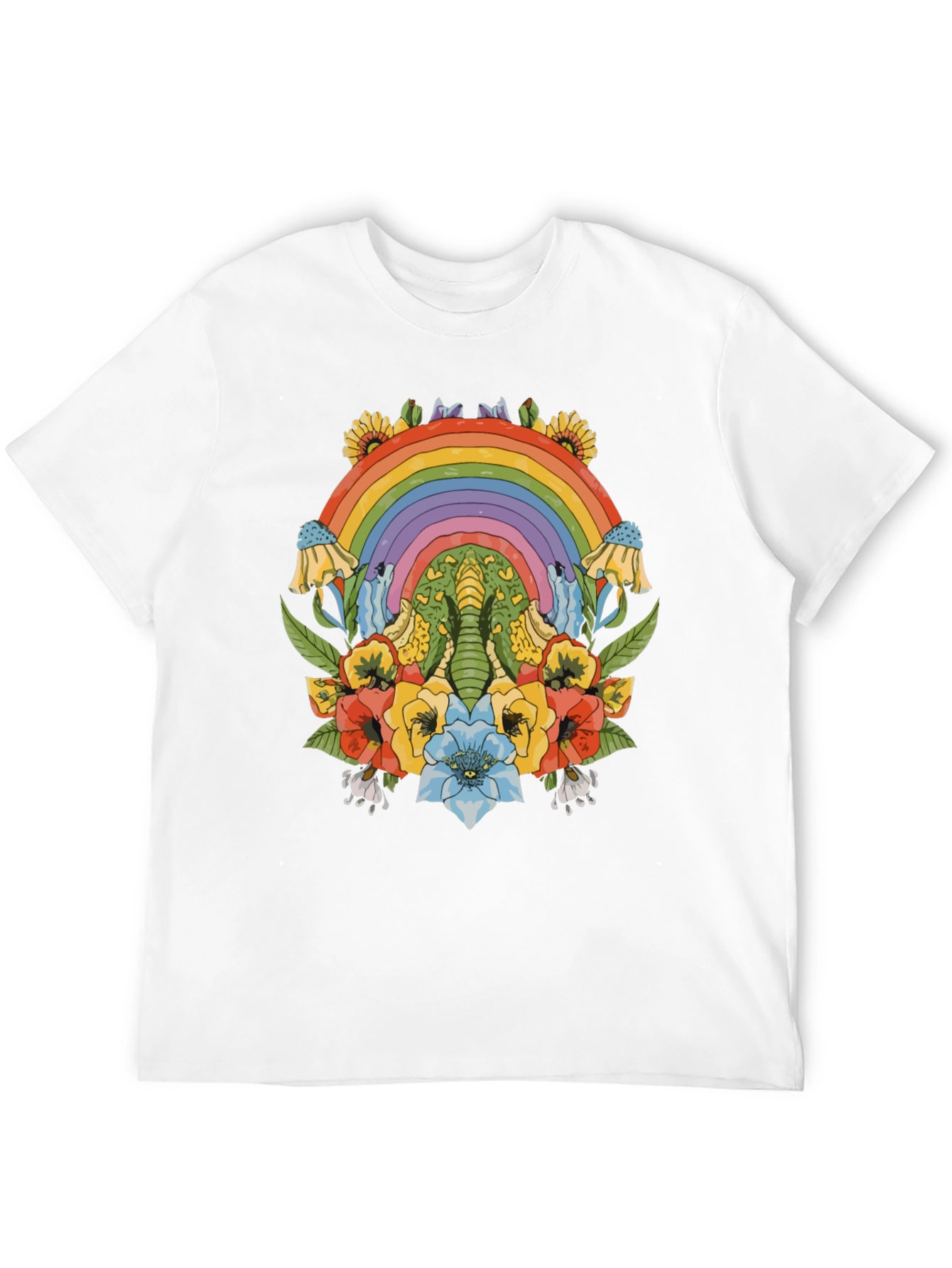 Rainbow Elephant Floral Print Black T-Shirt