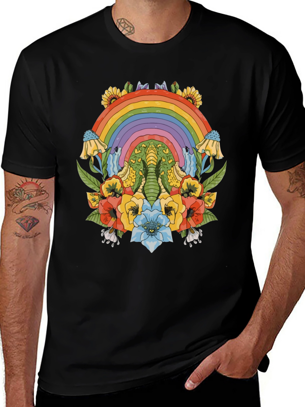 Rainbow Elephant Floral Print Black T-Shirt