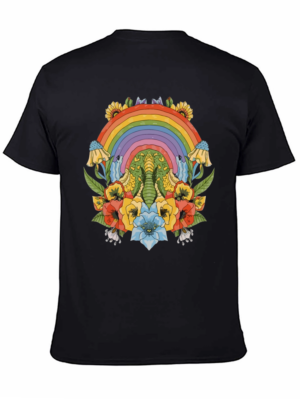 Rainbow Elephant Floral Print Black T-Shirt