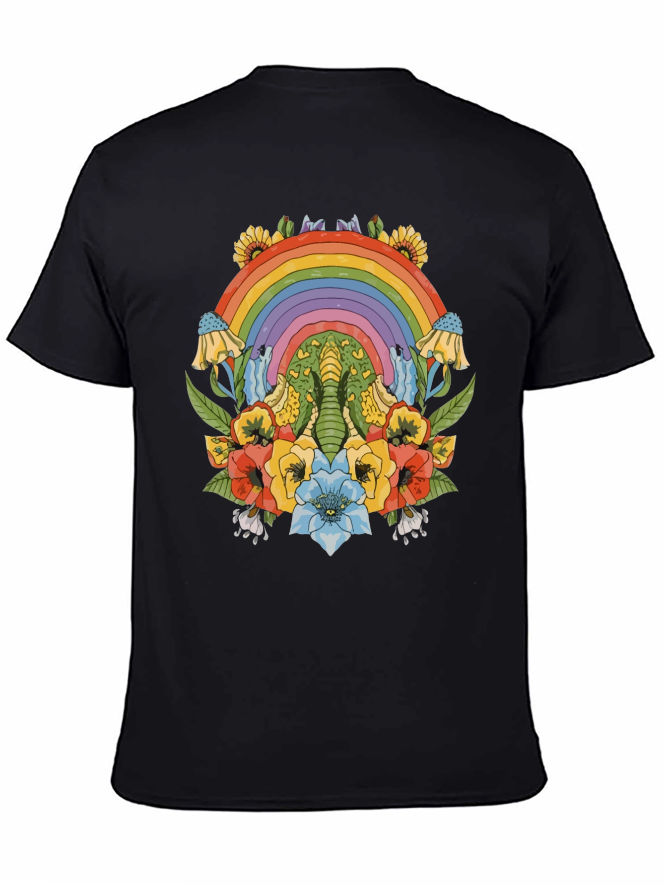Rainbow Elephant Floral Print Black T-Shirt