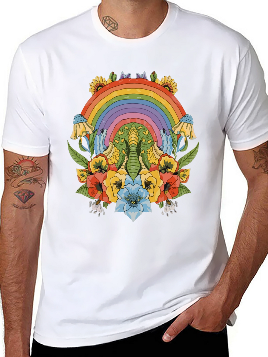 Rainbow Elephant Floral Print Black T-Shirt