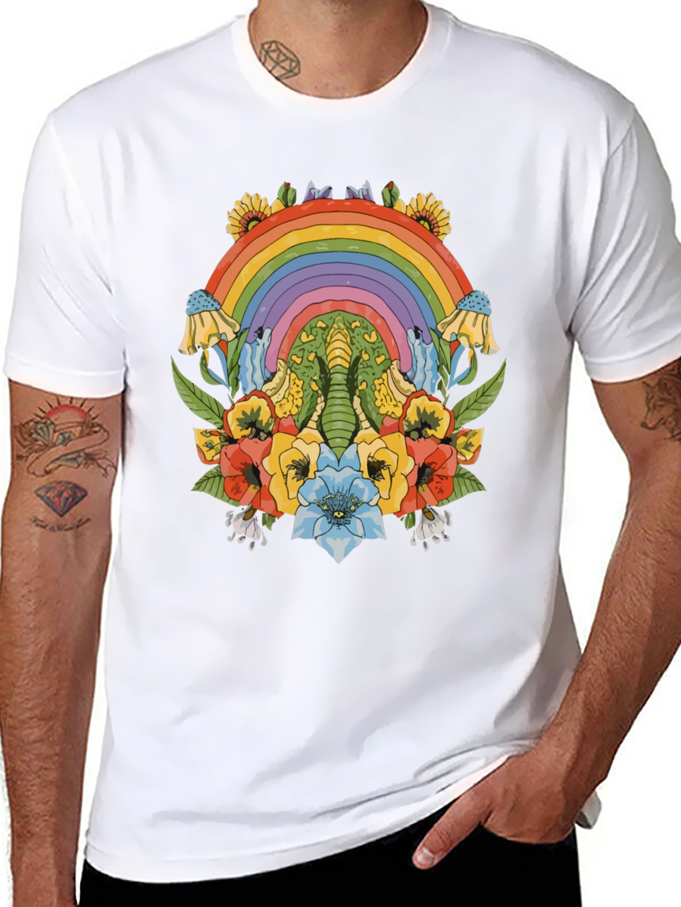 Rainbow Elephant Floral Print Black T-Shirt