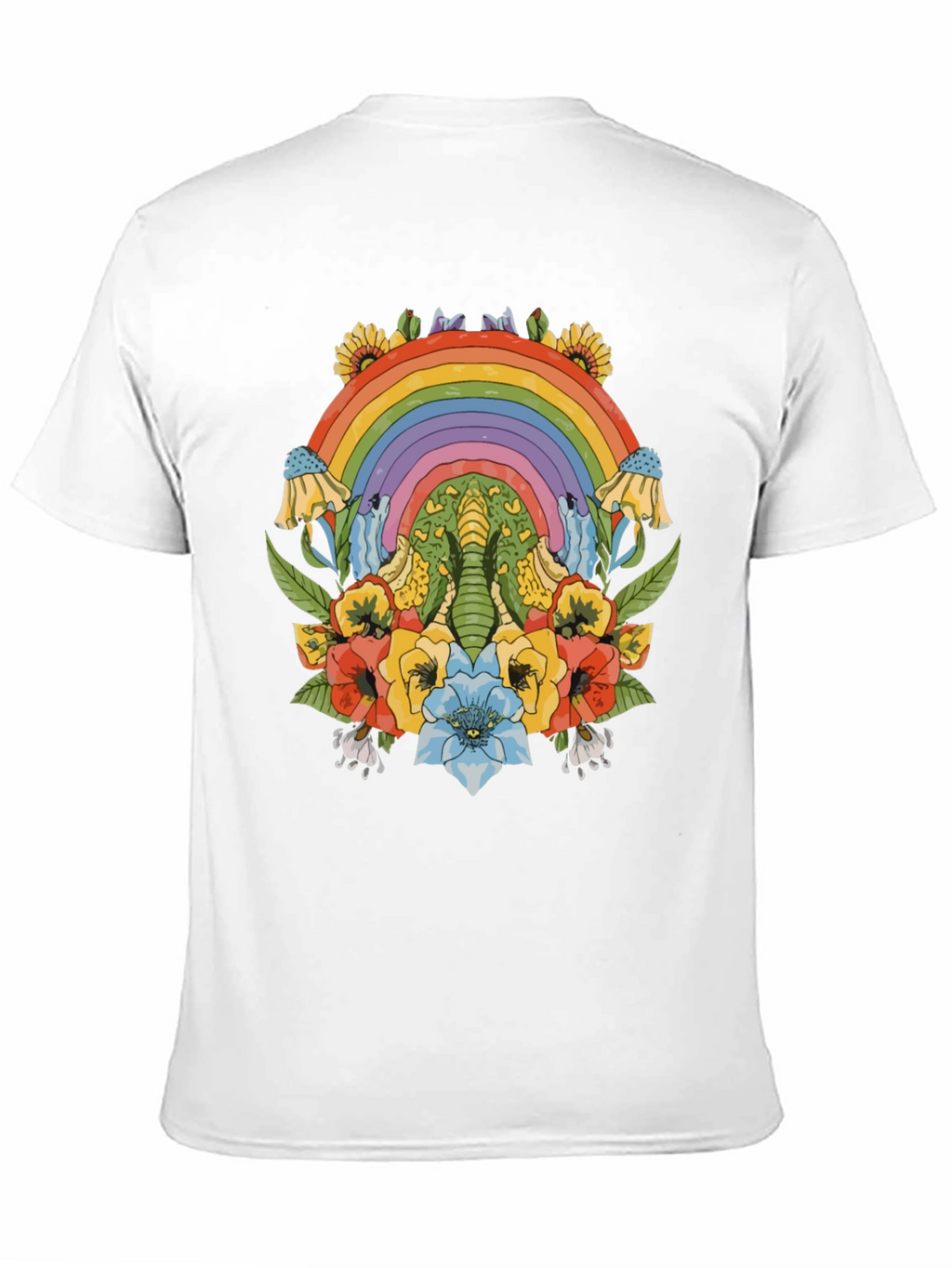 Rainbow Elephant Floral Print Black T-Shirt