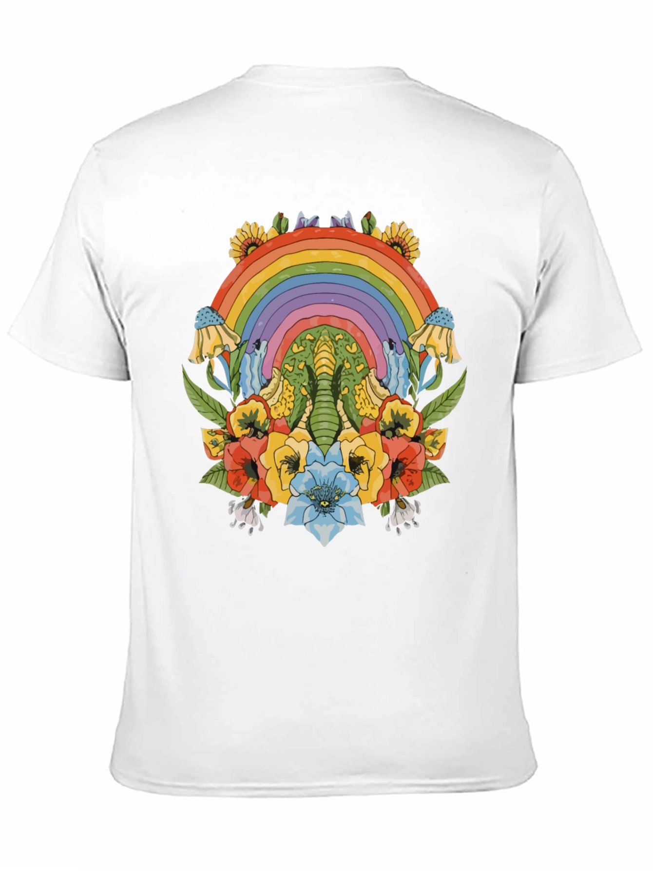 Rainbow Elephant Floral Print Black T-Shirt