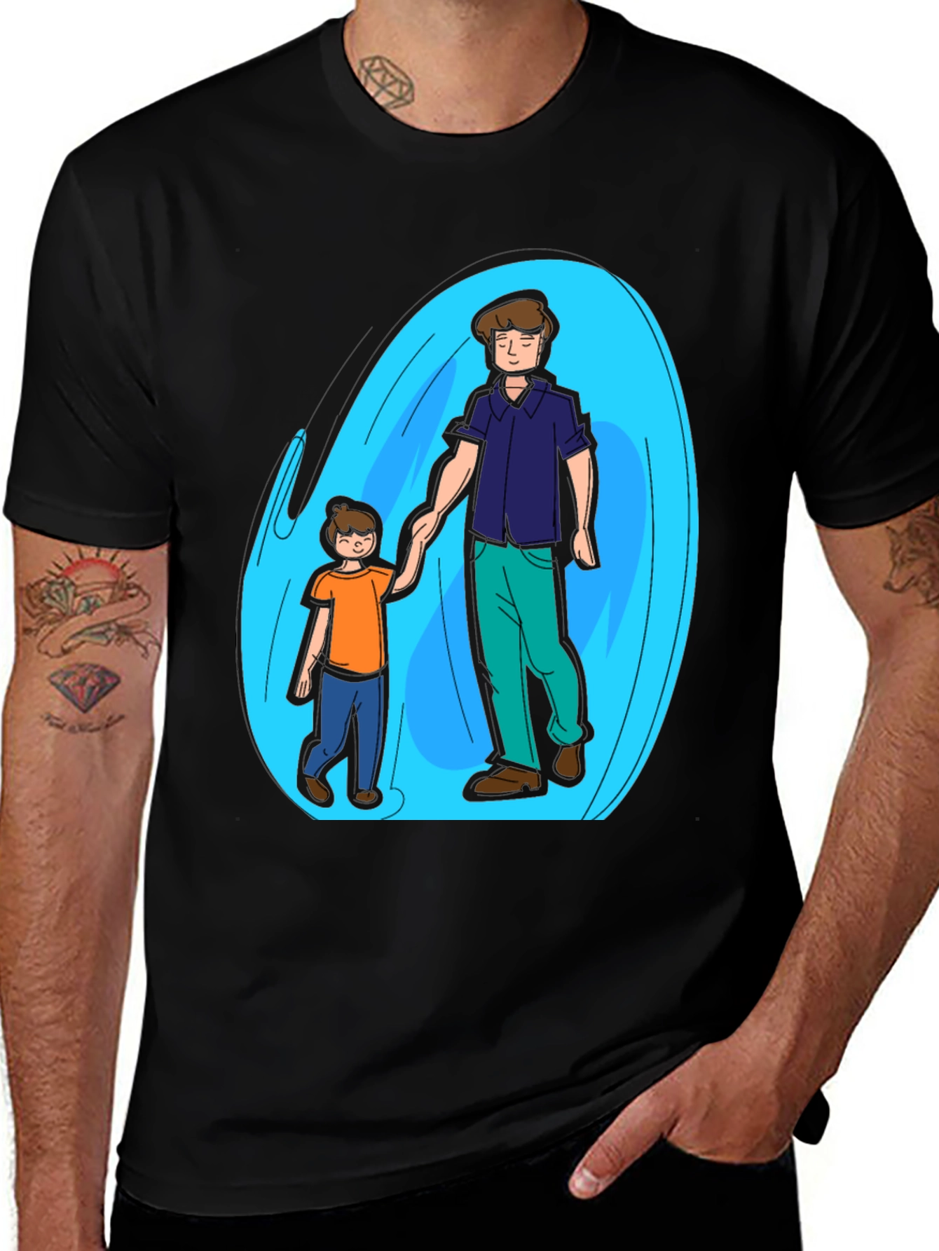 Father and Son Graphic T-Shirt - Black Cotton Blend