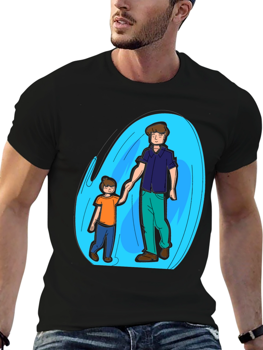 Father and Son Graphic T-Shirt - Black Cotton Blend