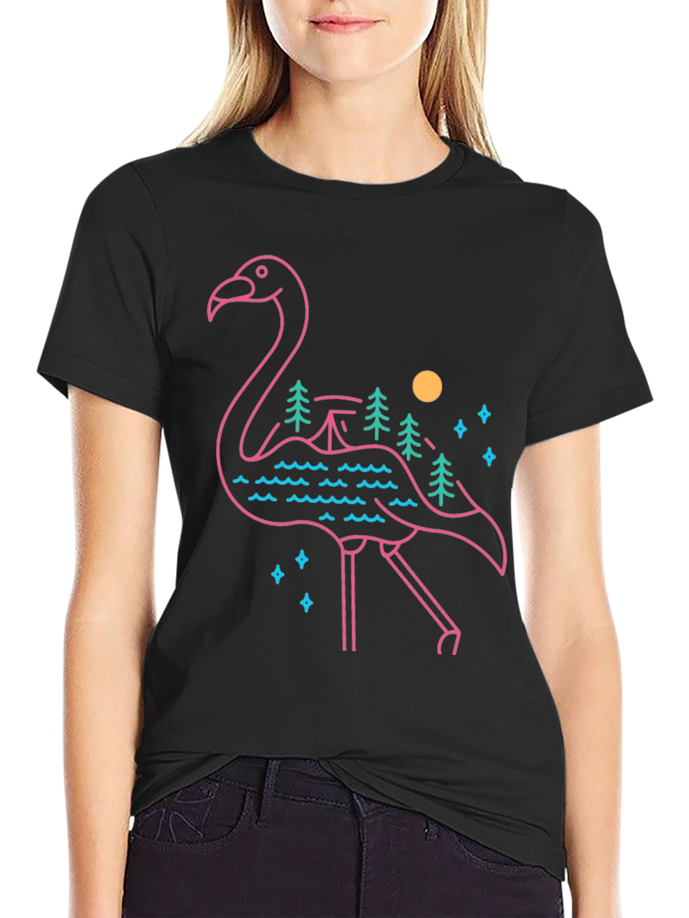 Flamingo Graphic Tee - Nature Scene Design