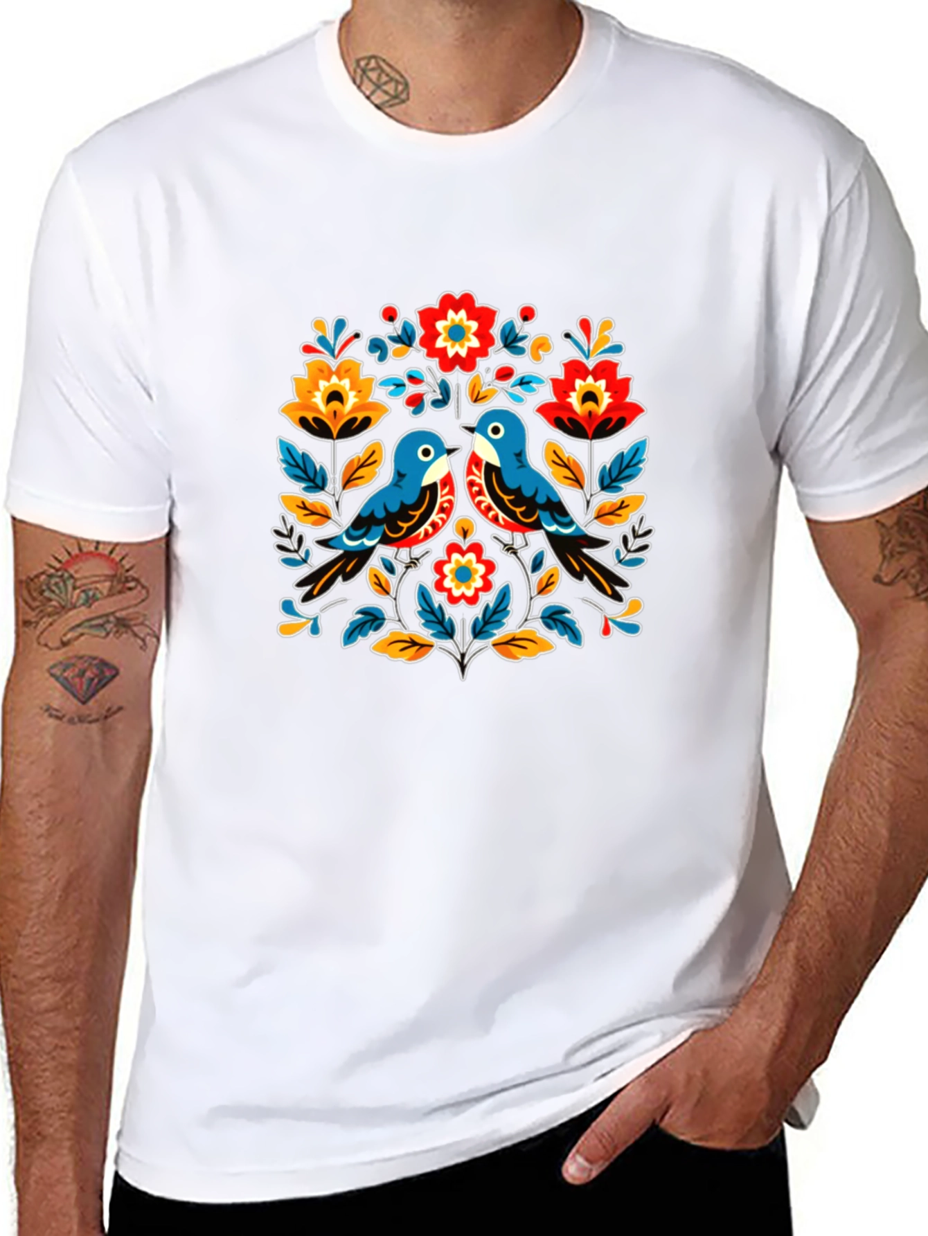 Floral Bird Graphic Tee - Black Casual T-Shirt