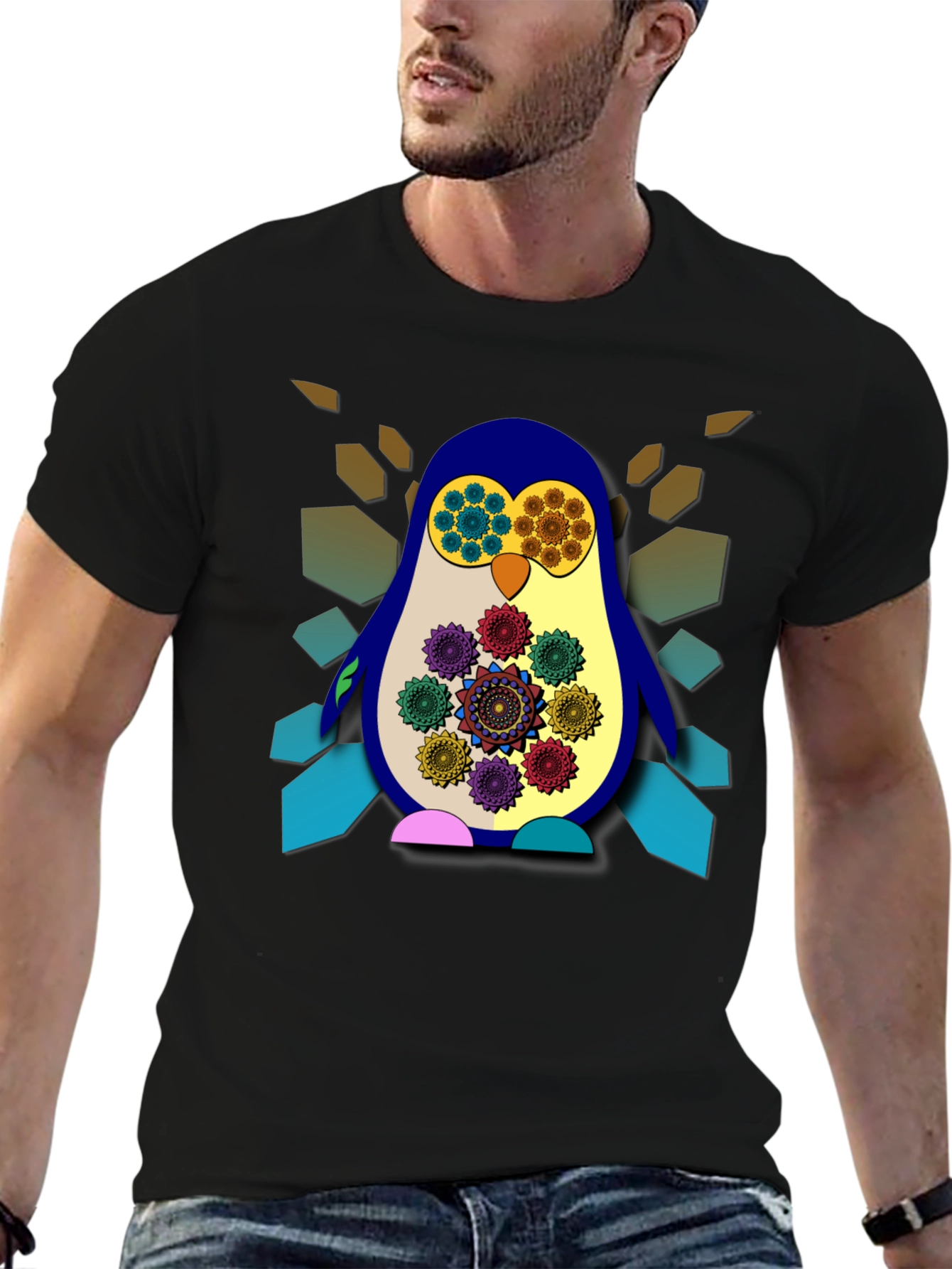 Funky Penguin Graphic Tee - Artistic Mens Black T-Shirt