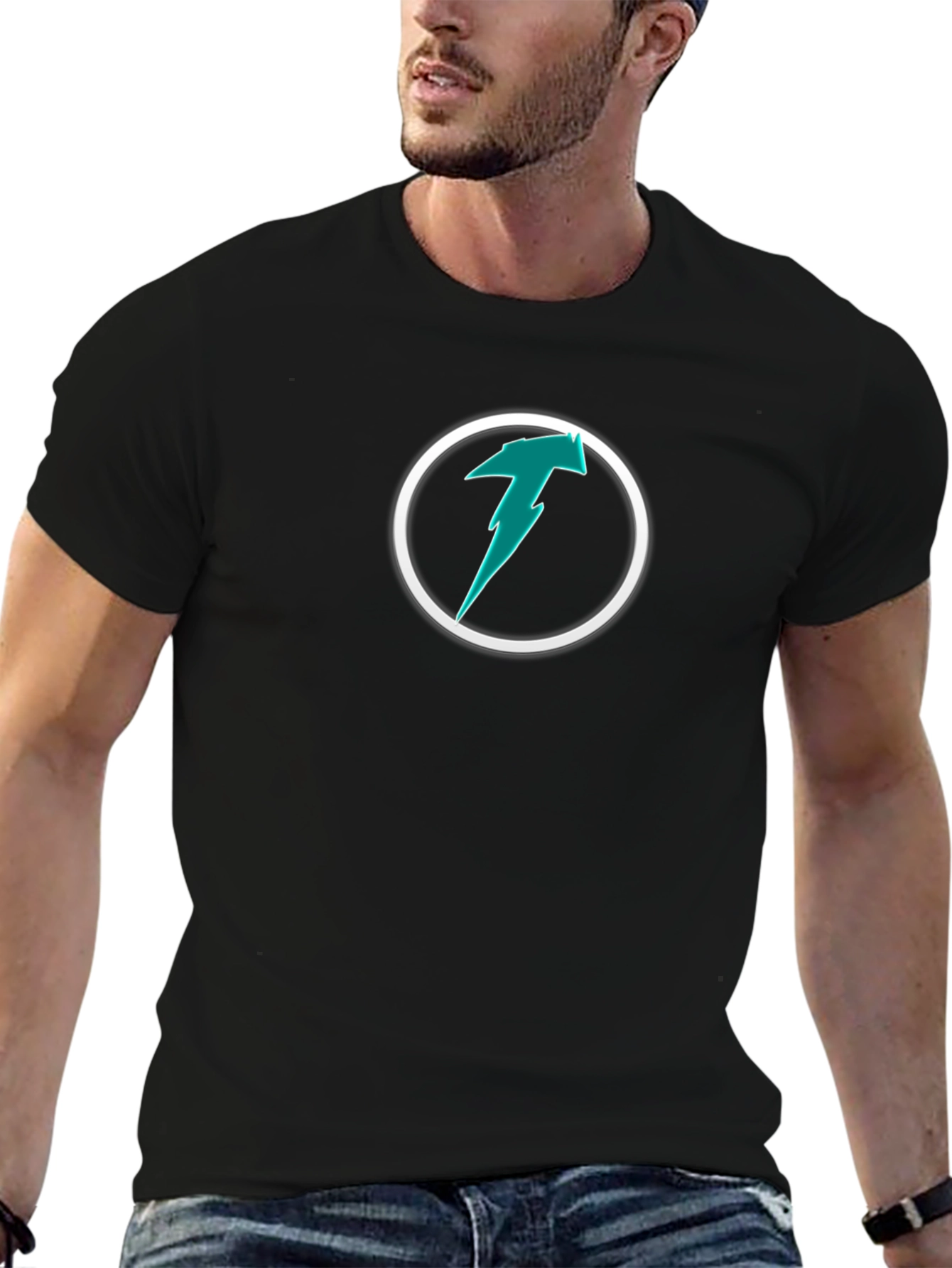 Teal Lightning Bolt Logo Black T-Shirt
