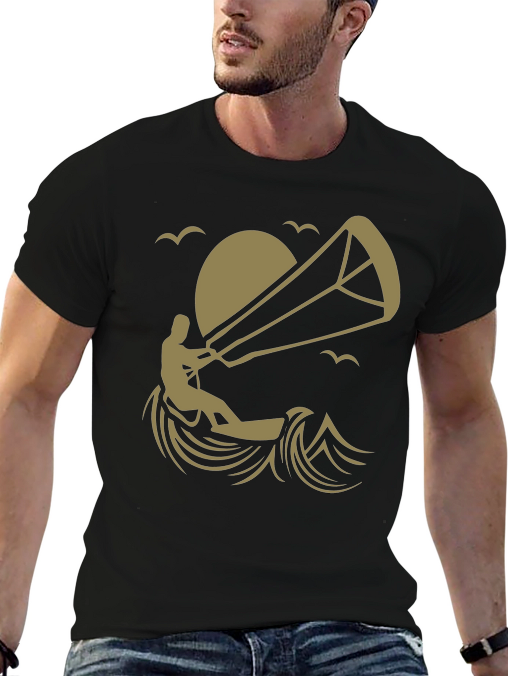 Kitesurfing Graphic Tee - Black Cotton T-Shirt