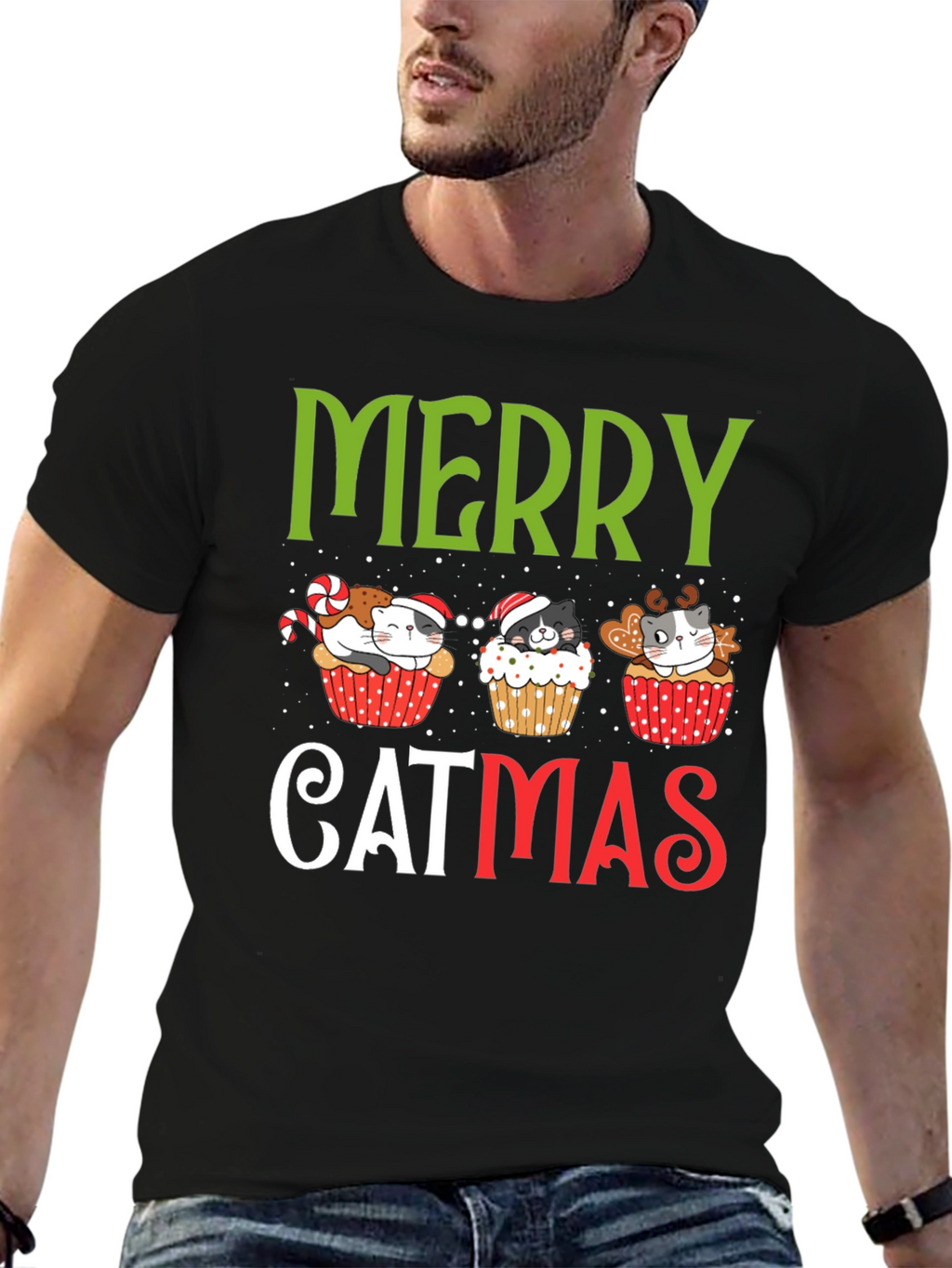 Merry Catmas T-Shirt - Festive Holiday Kitten Cupcake Tee