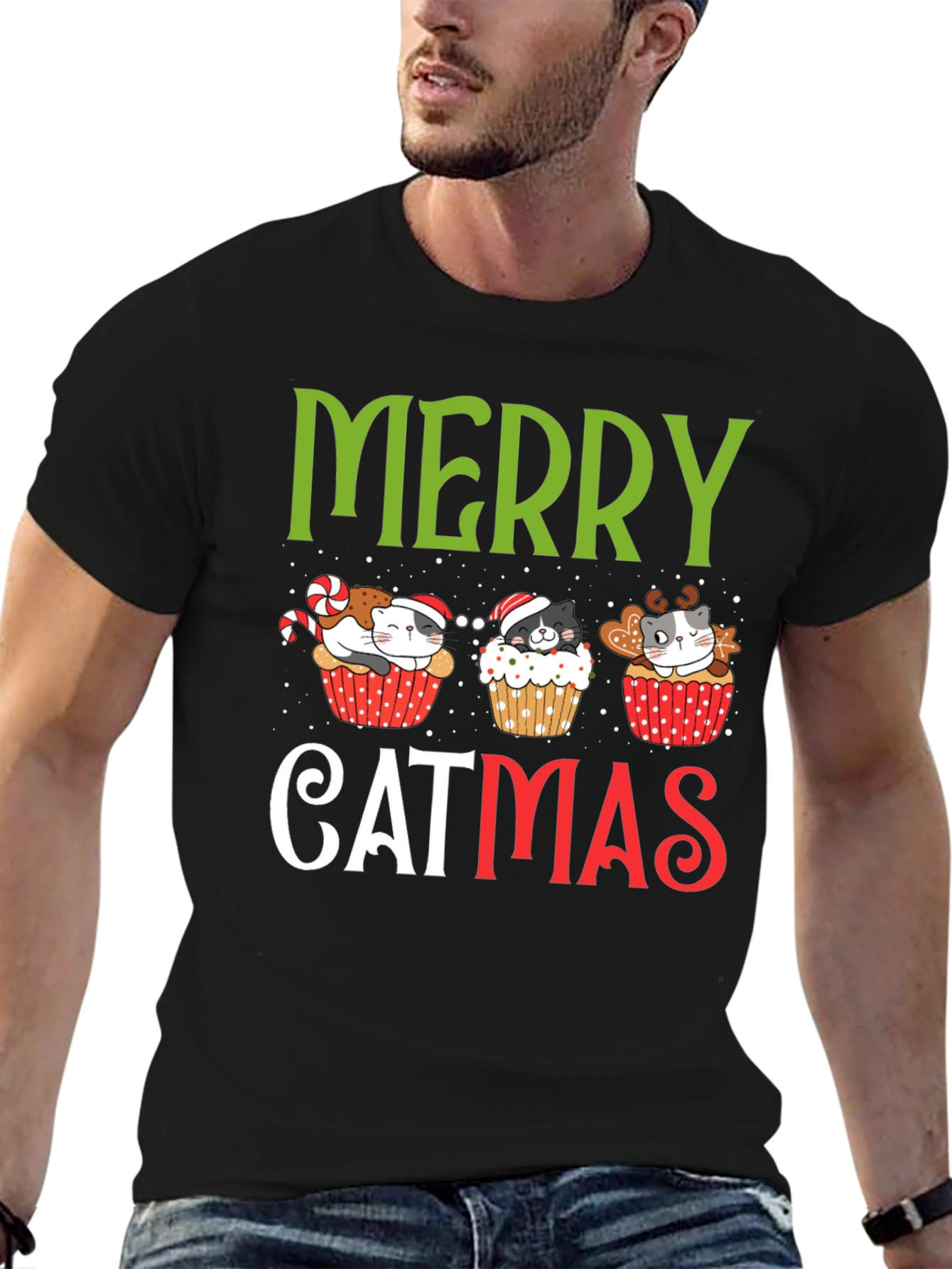 Merry Catmas T-Shirt - Festive Holiday Kitten Cupcake Tee