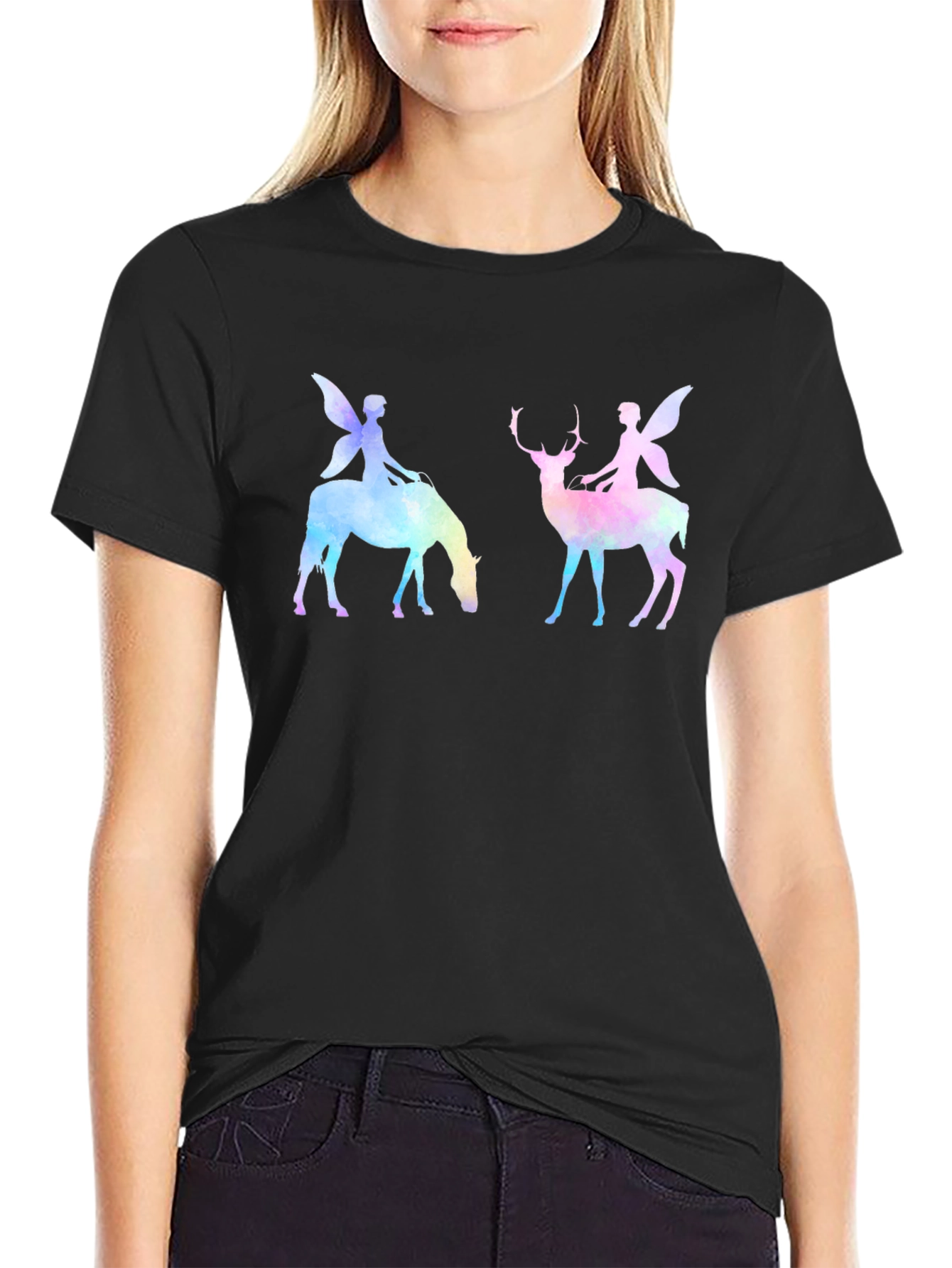 Fairy Deer & Horse Black Graphic Tee