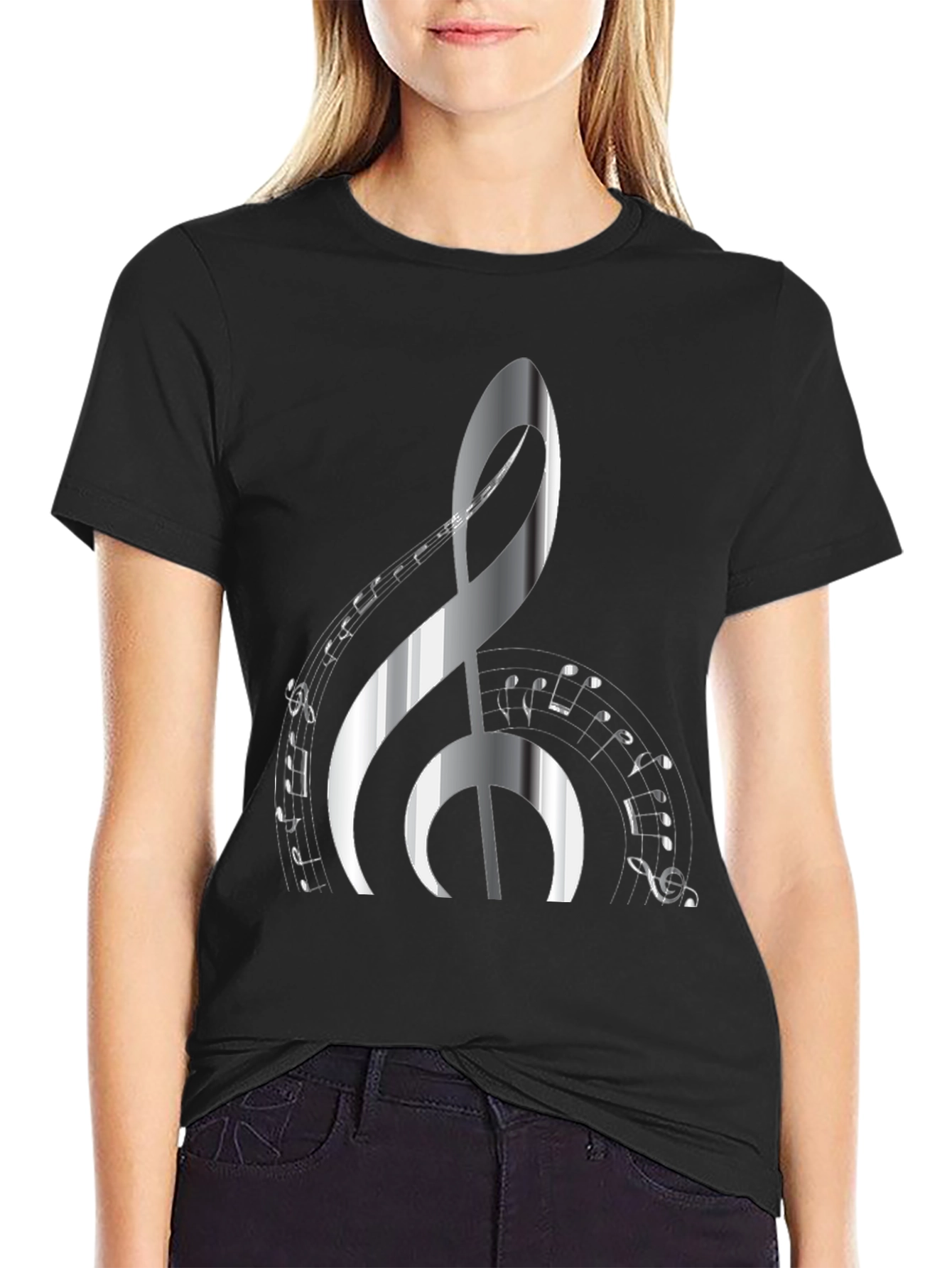 Musical Note Graphic Print Black T-Shirt