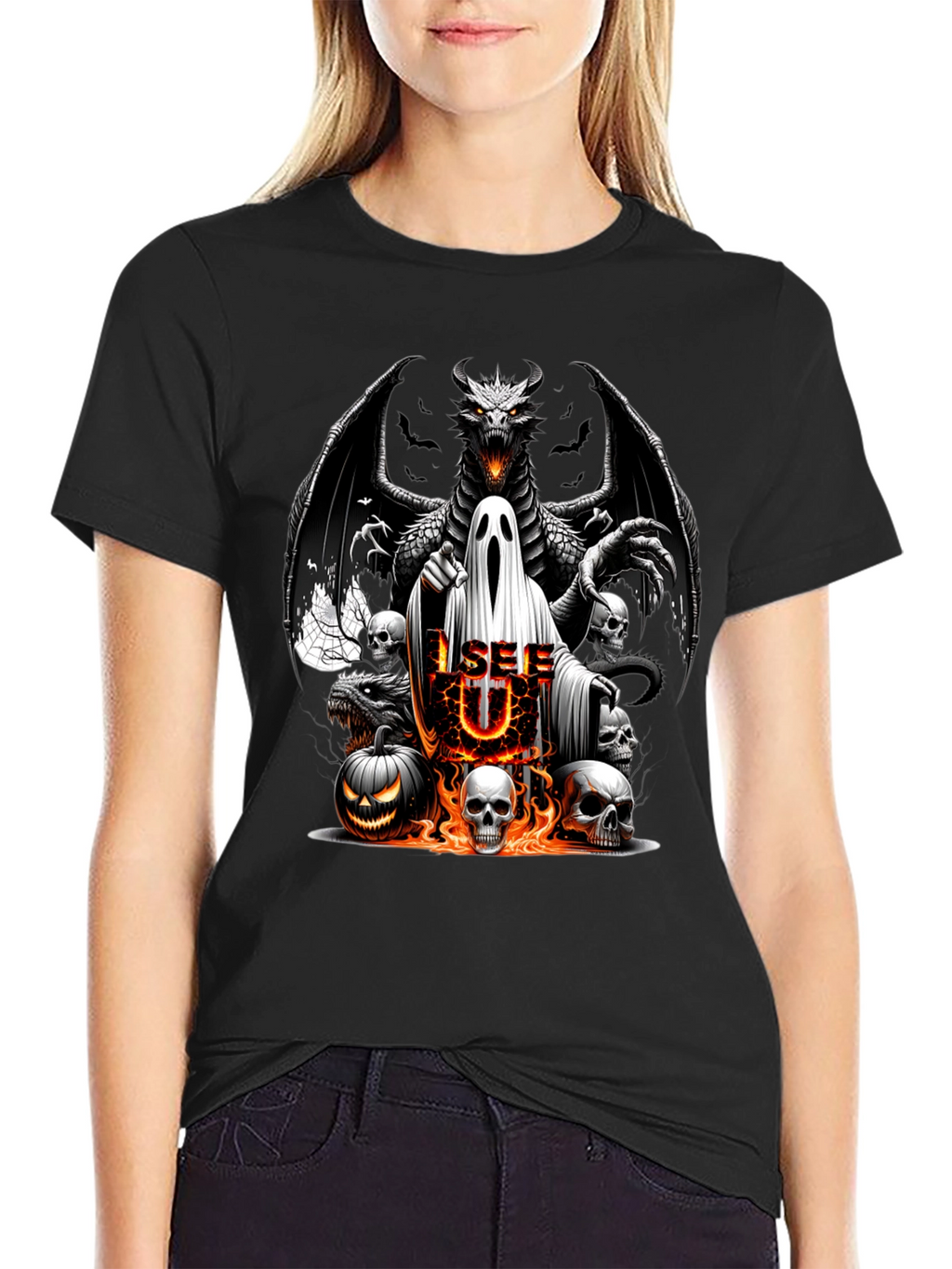Halloween Dragon Ghost Skulls Graphic Tee