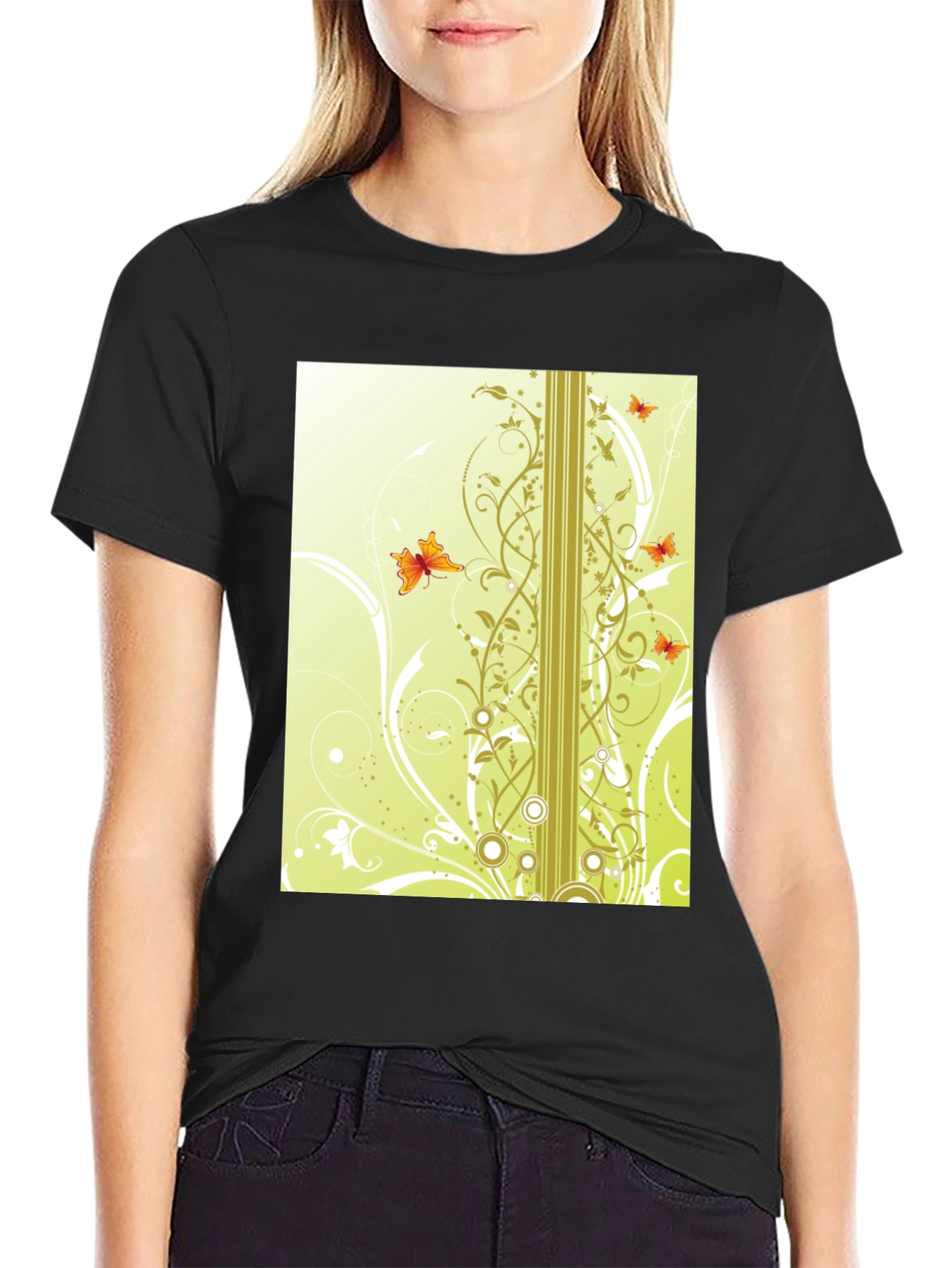 Stylish Black T-Shirt with Butterfly Vine Design