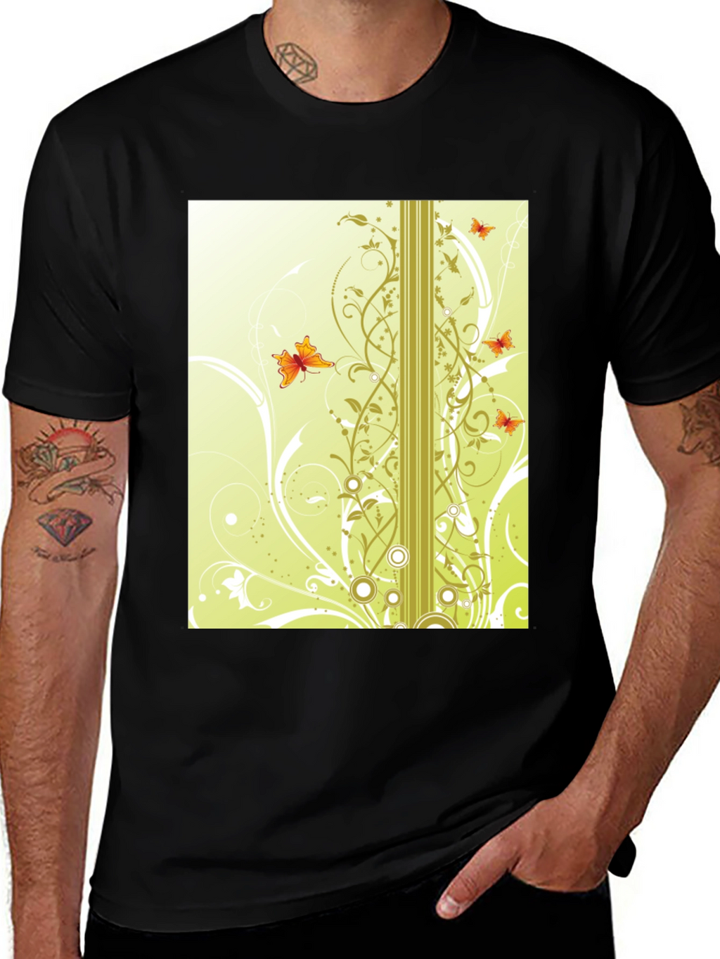 Stylish Black T-Shirt with Butterfly Vine Design