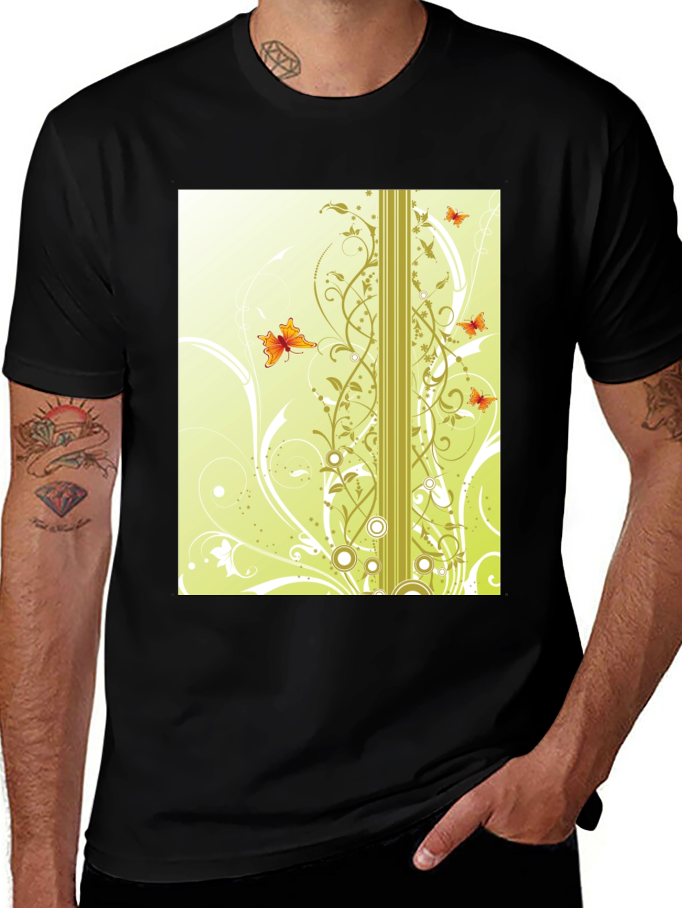 Stylish Black T-Shirt with Butterfly Vine Design