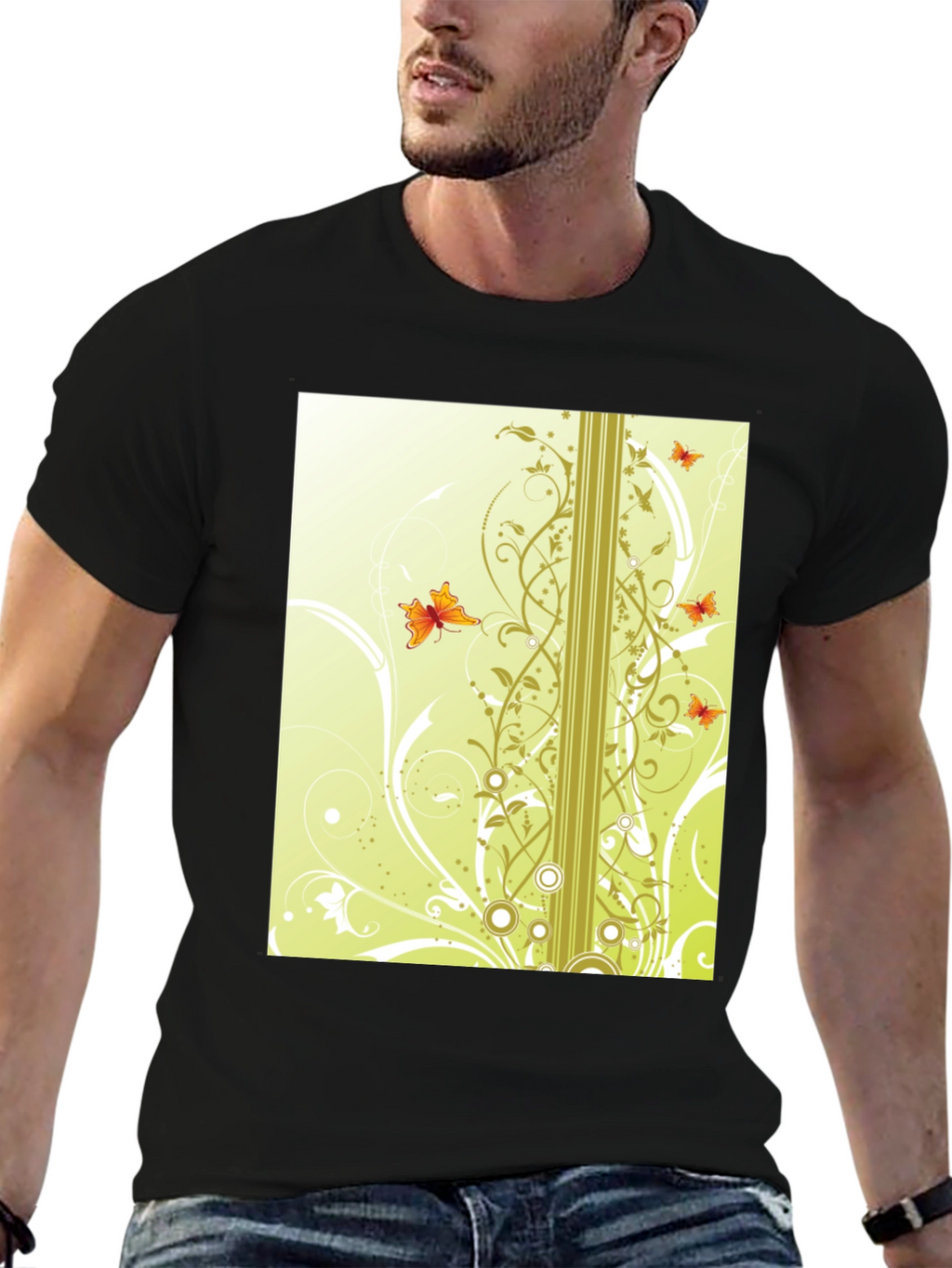 Stylish Black T-Shirt with Butterfly Vine Design